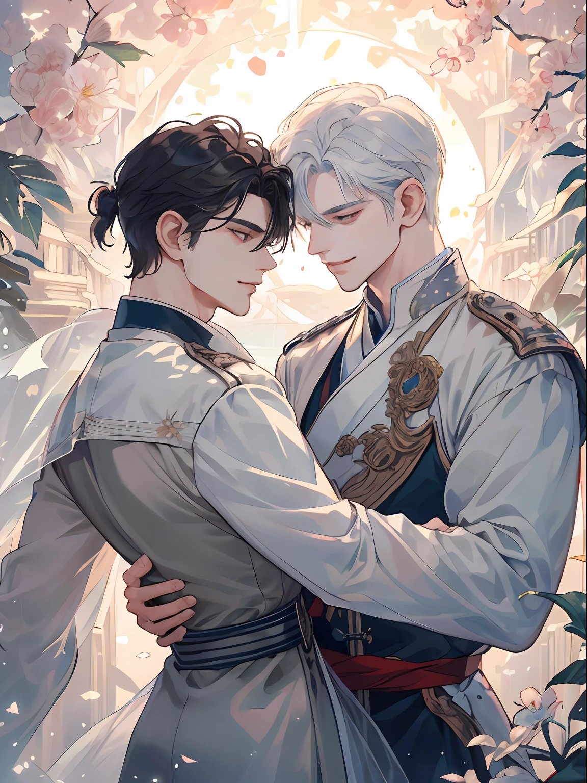 (extremely delicate and beautiful:1.2), 8K, (​masterpiece, best:1.2), (Two men:1.3), full bodyesbian, beautiful man, Old man with a scar in one eye, 校服, Knights, royalty, intricate detailes, finely eye and detailed face, Perfect eyes, Equal eyes, (A male god), florals, a smile