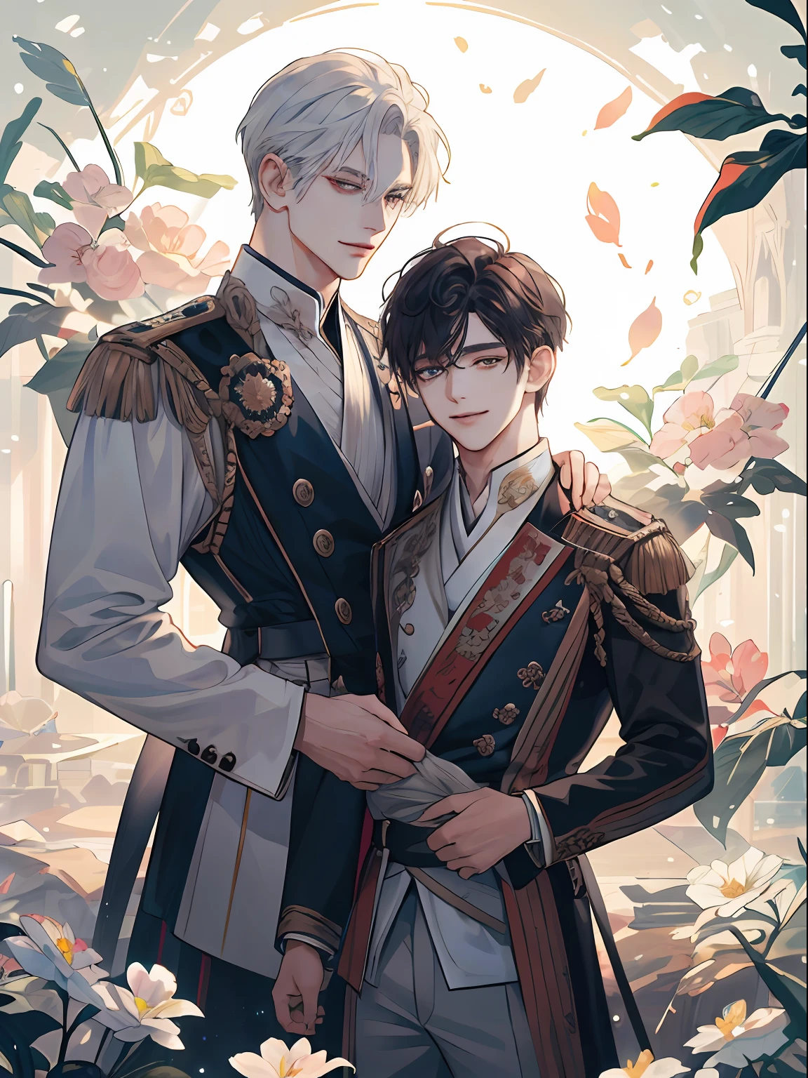 (extremely delicate and beautiful:1.2), 8K, (​masterpiece, best:1.2), (Two men:1.3), full bodyesbian, beautiful man, Old man with a scar in one eye, 校服, Knights, royalty, intricate detailes, finely eye and detailed face, Perfect eyes, Equal eyes, (A male god), florals, a smile