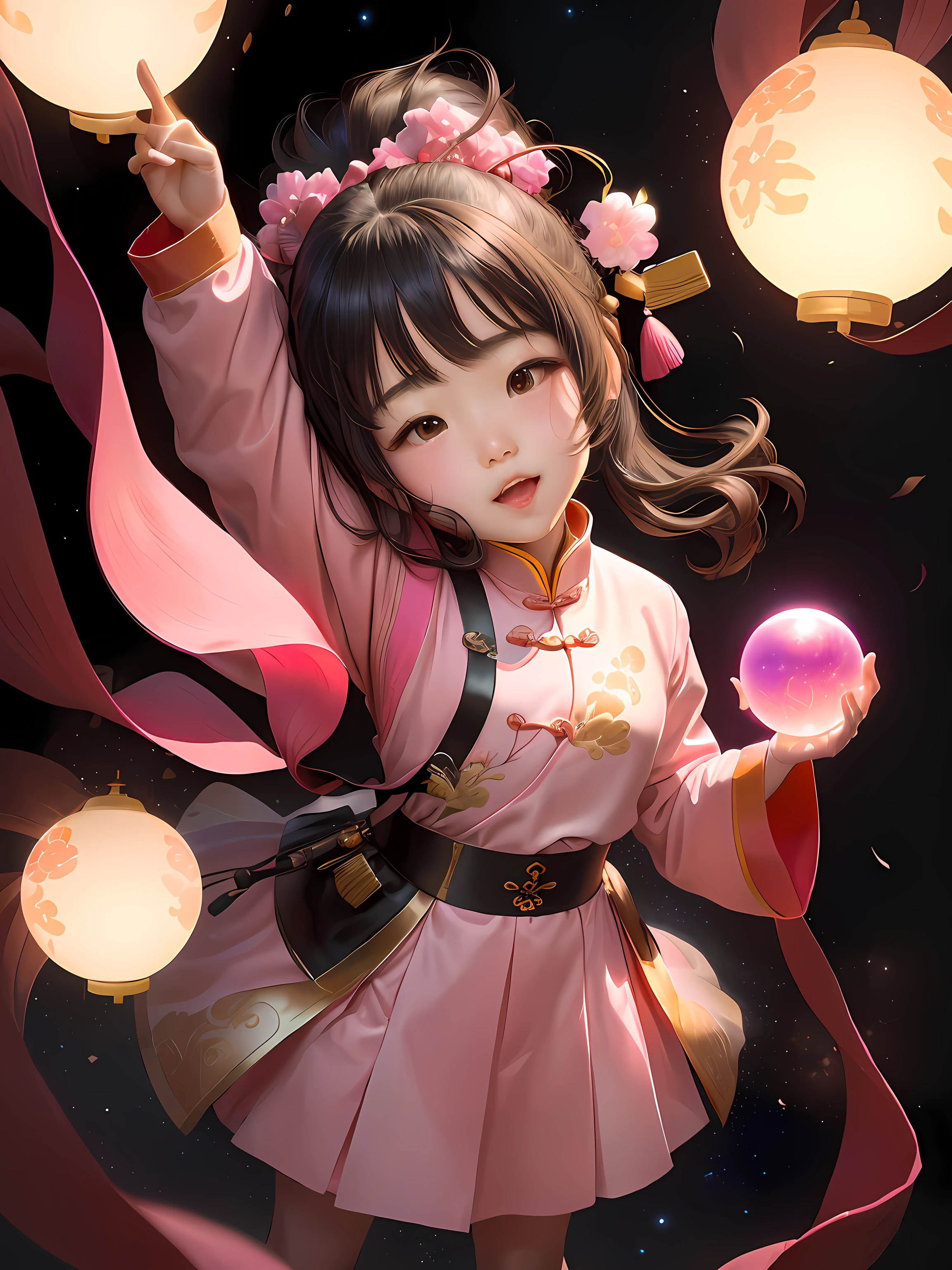 Little Chinese girl in pink sweater,The fingers of the right hand point to the sky,Holding a crystal ball in his left hand,7 years old,pony tails,Air bangs,ruan jia beautiful!inspired by Li Keran,Inspired by Tang Yifen,from china,Very cute and childlike。inspired by Zhang Zeduan,she expressing joy。Young Asian girl Lin Qifeng,lulu chen。sci fi background,The vast universe,Pink clothes,