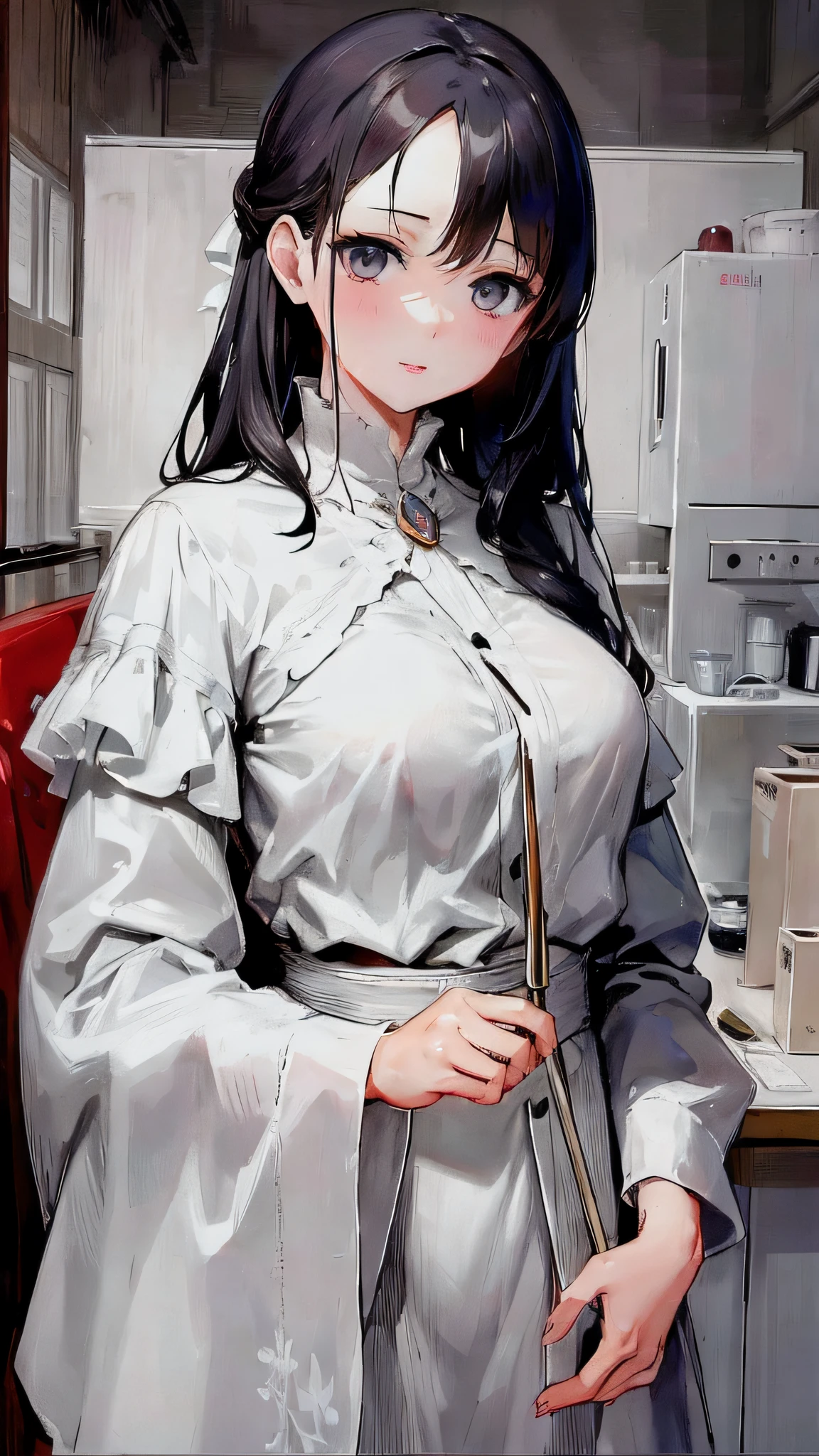 Anime girl in white dress holding an apple, hyuga hyuga, Albedo from Overlord, mayuri shiina from steins gate, Marin Kitagawa fanart, anime visual of a cute girl, seductive anime girls, realistic anime artstyle, clean and meticulous anime art, tohsaka-rin, in an anime style, black-haired mage