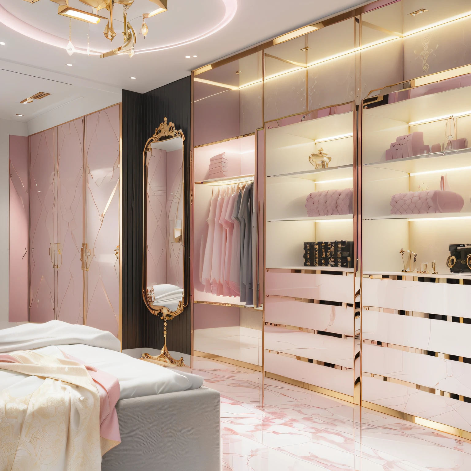 There is a room with many pink cabinets and a pink mirror, guarda-roupa elegante rosa , guarda-roupa futurista elegante, in style of 3d render, high quality 3d render, high quality 3d render, 3 d product render, Professional 3D rendering, mirror and glass surfaces, visual moderno, product render, ouro e materiais de luxo, Directed by: Robert Koehler, precise architectural rendering, piso rosa, tapete rosa, parede rosa, gavetas rosas, luzes rosas