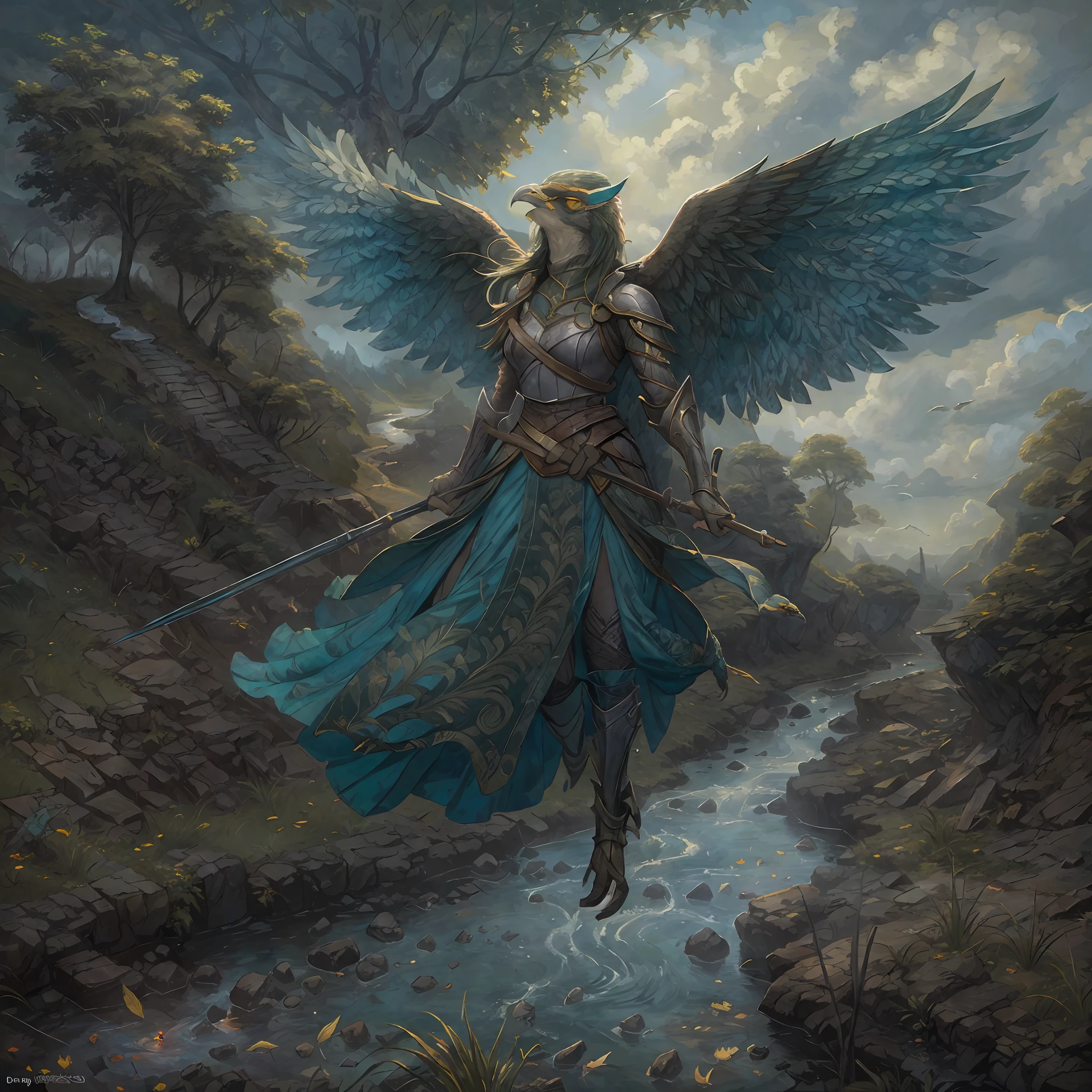 masterpiece, best quality, (solo), painting of Aven a Grass Green bird woman wearing armor, medieval setting, in a stream, detailed blue sky, layers of dark clouds, flying, flying over a ravine, debris, Aerial View, dynamic, folded wings, forest