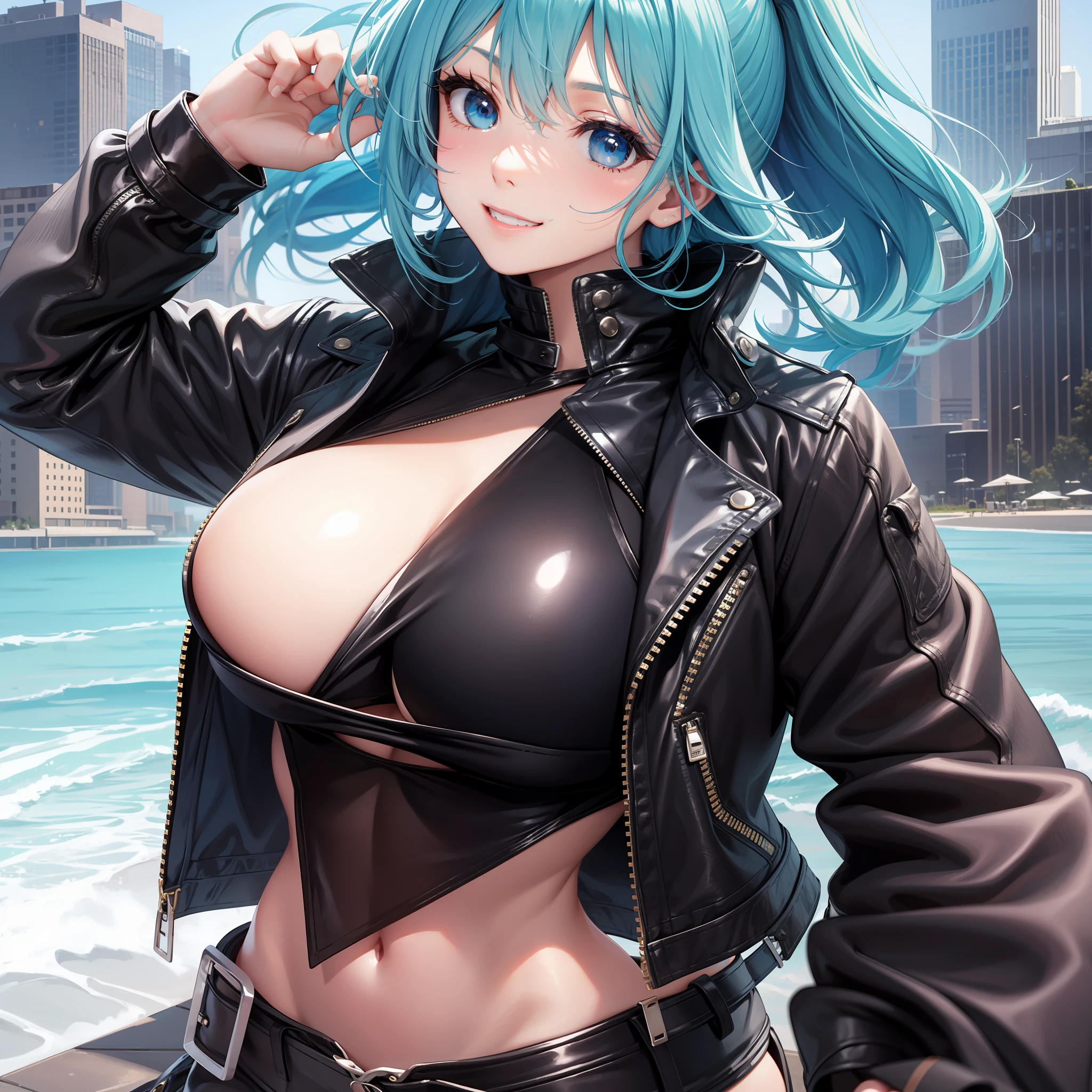 Leather jacket from the top of the swimsuit girl with a smile Blue-haired huge tit top-quality masterpiece 超A high resolution beautiful a girl blue eyess poneyTail