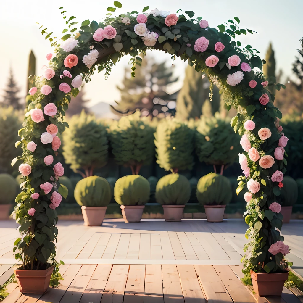 NO HUMAN, Professional DSLR Floral Wreath Arch: A backdrop featuring a large floral wreath archway, providing a stunning focal point for the ceremony. --auto --s2