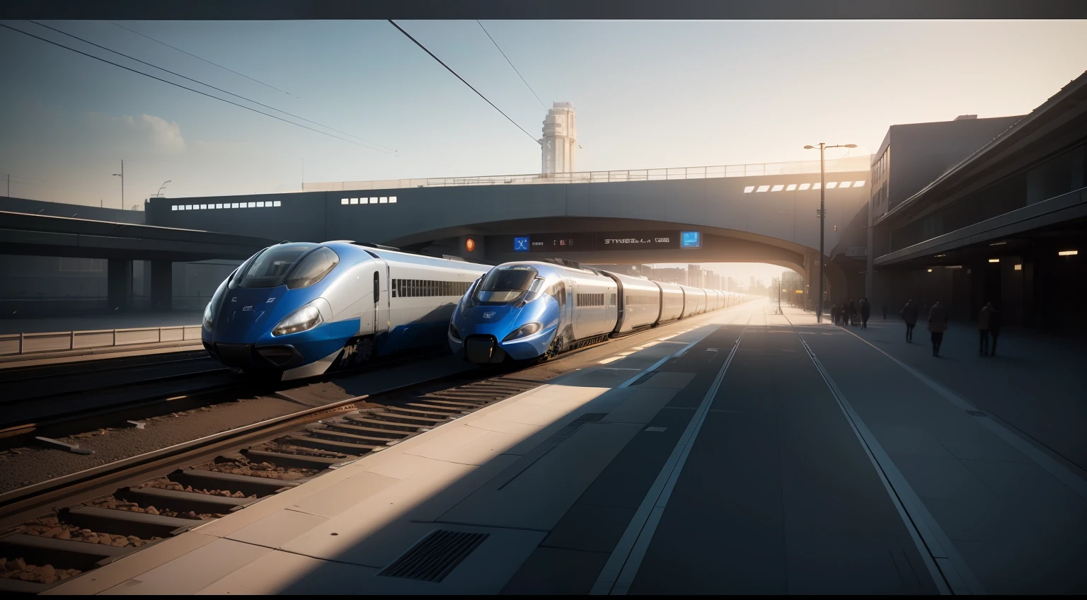 High-speed trains of the future, Blue, white and black, Streamlined front exterior design, Large area of sightseeing glass, Clear block relationships, Rich ribbed design, The background is the big scene of the future of technology, Conceptual art, Futurism, cinematic lighting, lens flare, panorama, letterboxed, perspective, from side, panorama, Sony FE GM, ray tracing, UHD, masterpiece, ccurate