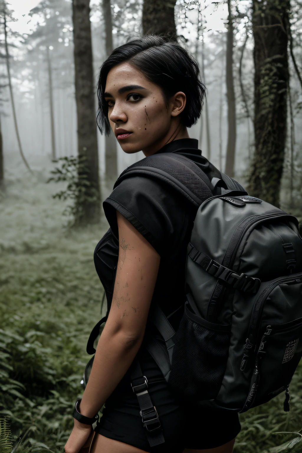 RAW photo, black andwhite，short detailed hair，Textured skin，skin pore，Capable face，hyper realisitc，Combat uniforms with stains，cyber punk perssonage，The girl was carrying an oversized backpack，Stand among the ruins overgrown with grass，8K  UHD, High quality, Film graininess, Fujifilm XT3
