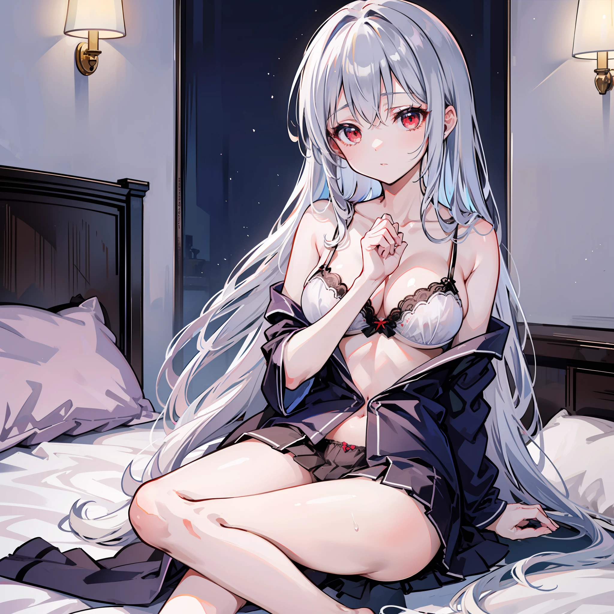 Silver-haired, Little with red eyes lying barefoot on bed,showing your whole body,Wear leaky navel pajamas and miniskirts,,She lifted her pajamas with one hand to show her bra,With one hand lifted the nightdress to expose the panties,She looked shy,hightquality,ultra - detailed、open one's legs、
