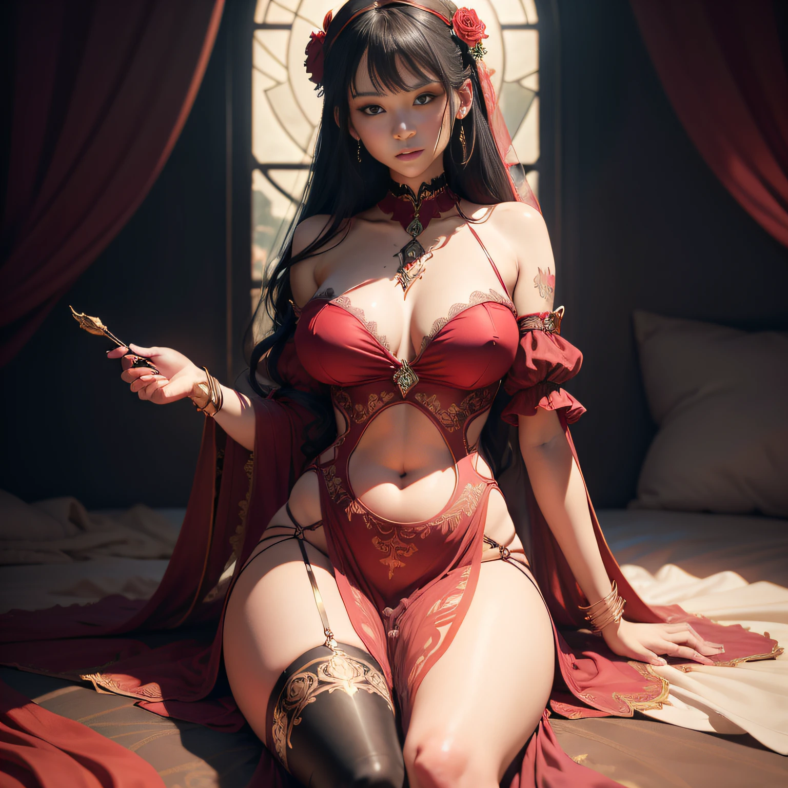 Masterpiece, absurderes, Highly detailed:1.3), dream-state, Digital painting beauty, (Sitting, mature, Slim, Slender,) view the viewer, (Masterpiece), (Best quality:1.2), absurderes, Intricate details, skin indentation, cleavage, Huge breasts, (Highly detailed skin:1.2), (author:Alphonse Mucha Echo Chernik Megan Laura Cho Bingqiang), Sharp focus, Soft and colorful, Centered, symetry, picure, Intricate, voluminetric lighting, Beautiful, rich deep color, Ultra detailed, Digital painting, Mysterious magic, Focused, lush colors, Canon Eos 5d Mark IV and Fujifilm Superia X-TRA 400 film, (Extremely detailed oil painting:1.2), Glow effects, godrays, handpainted, Renders, 8K, rendering by octane, 4 d cinema, blender, Dark, Super delicate atmosphere 4K, cinematic sensual, Sharp focus, humorous illustration, great depth of field, Masterpiece, colours, 3d octane render, 4K, concept-art, trending on artstationh, Hyperrealistic, Vivid colors, Extremely detailed CG unifies 8K, 8K, Diamond, and wallpaper, trending on artstationh, trending on CGSociety, Intricate, High detail, Dramatic,1girll,Outdoor photography,Indoors,long braid,Spread your legs,(Red transparent gauze dress),(red veil),{(Red stockings)},Abdominal exudate,(Red sexy lingerie),(((leg loops))),neck rings,Tattooed with,((Wear a bracelet,choker necklace))(full bodyesbian:1.5