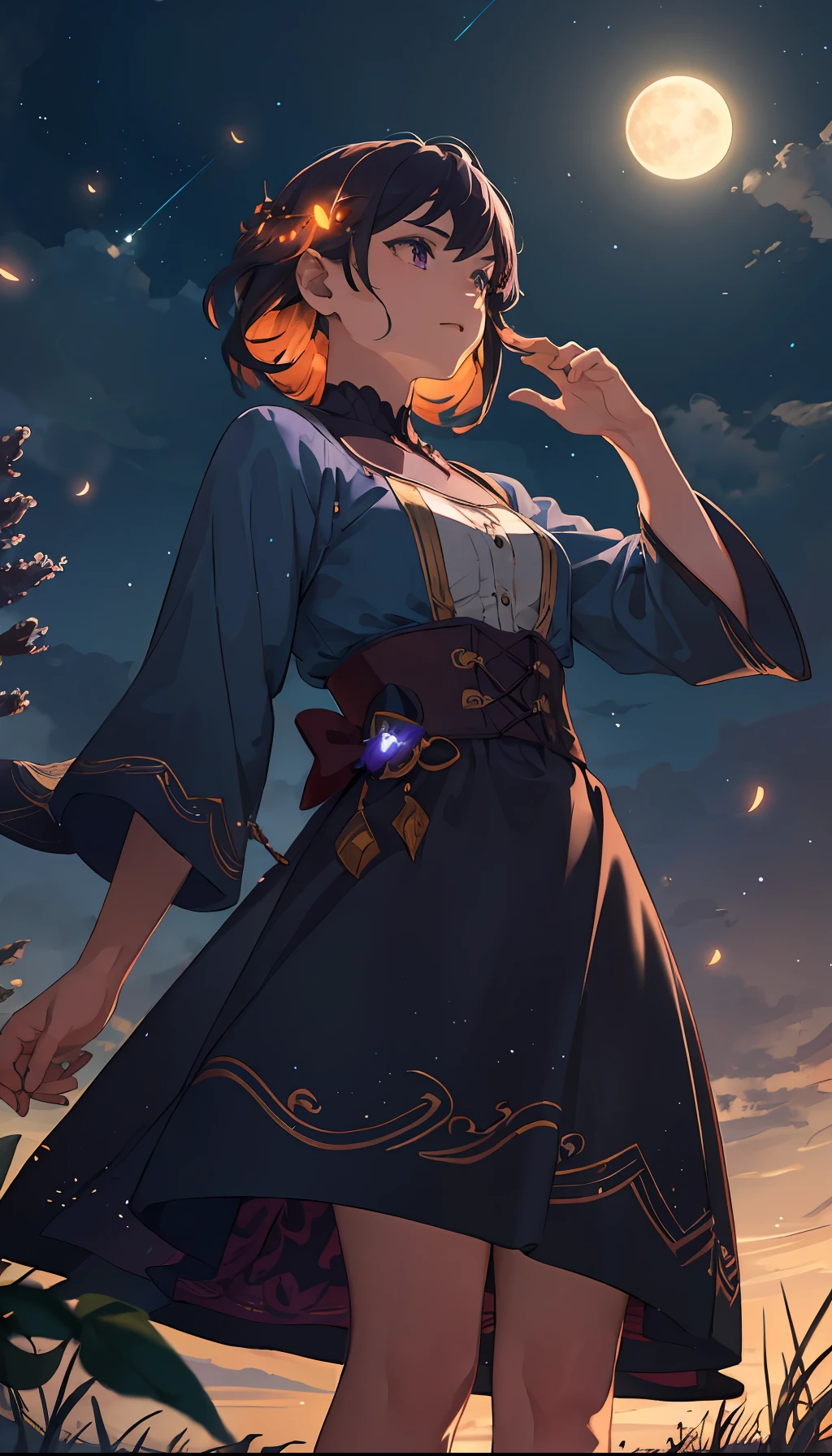 Vast landscape photo, (viewed from below, the sky is above and the open field is below), a girl standing on a flower field looking up, (full moon: 1.2), (meteor: 0.9), (nebula: 1.3), distant mountains , Trees BREAK Crafting Art, (Warm Light: 1.2), (Fireflies: 1.2), Lights, Lots of Purple and Orange, Intricate Details, Volumetric Lighting, Realism BREAK (Masterpiece: 1.2), (Best Quality), 4k, Ultra-Detailed, (Dynamic Composition: 1.4), Very Detailed, Colorful Details, (Rainbow Colors: 1.2), (Glow Lighting, Atmospheric Lighting), Dreamy, Magical, (Solo: 1.2)