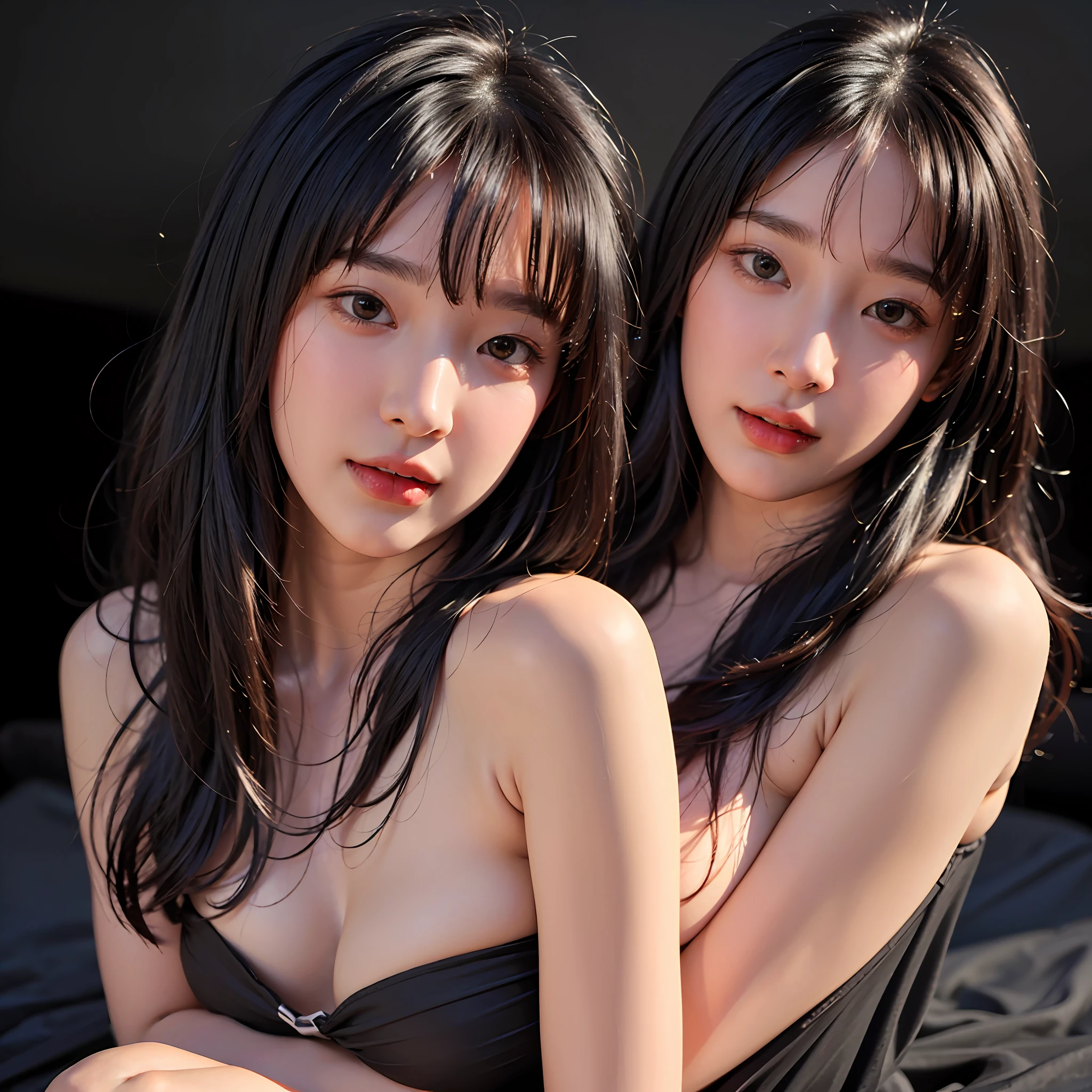 masterpiece, 8k, Best quality,  ultra high res, (photorealistic:1.4), 1girl, (bare shoulders), Half-length photo, deep shadow, dark, film lighting, delicate face,delicate eyes, smile,   with black background,inkyung, looking at viewer,