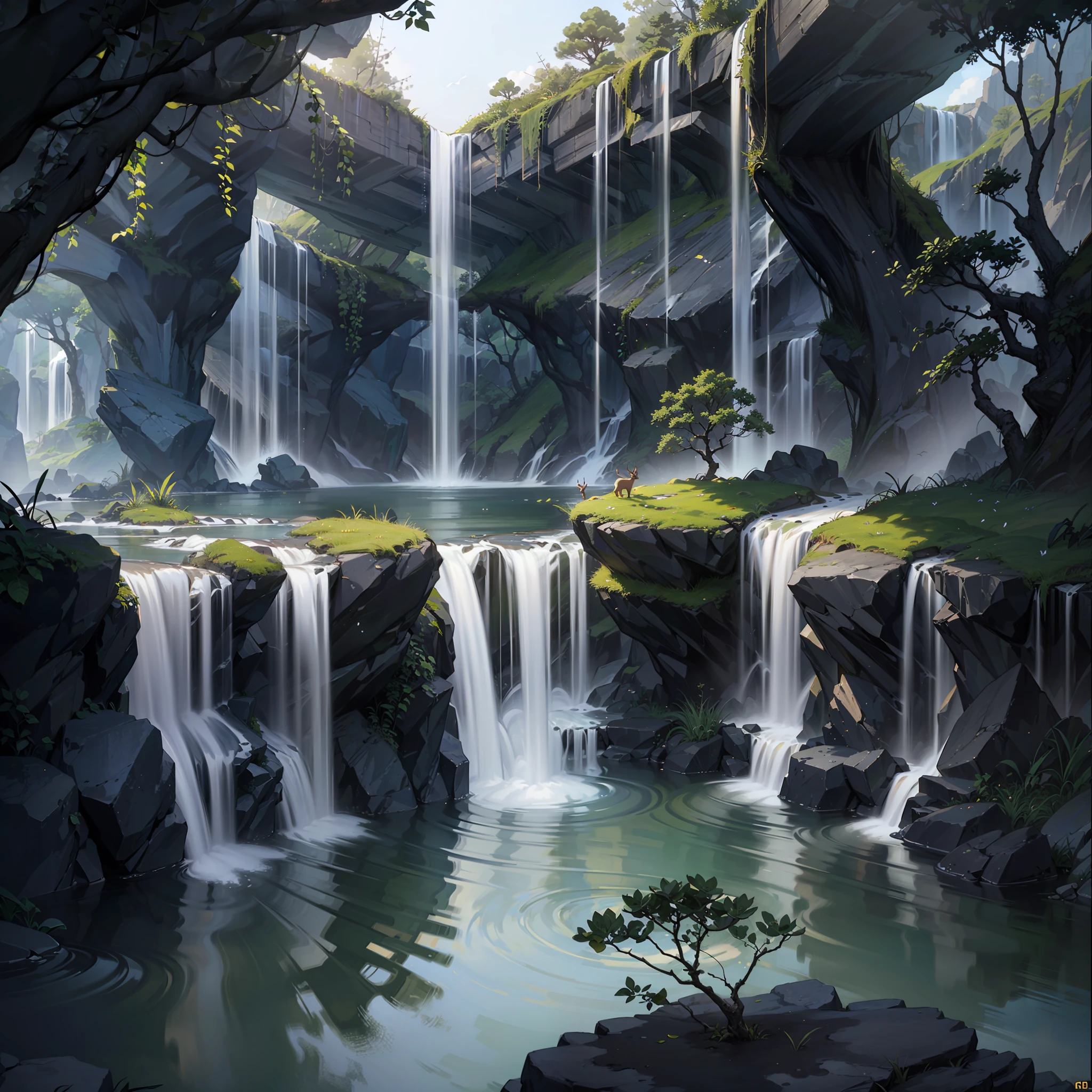 Chinese ancient times, spring, jungle, lake, cave, waterfall, tree, meadow, rock, deer, hot spring, water vapor, (illustration: 1.0), epic composition, realistic lighting, HD details, masterpiece, best quality, (very detailed CG unified 8k wallpaper) --auto