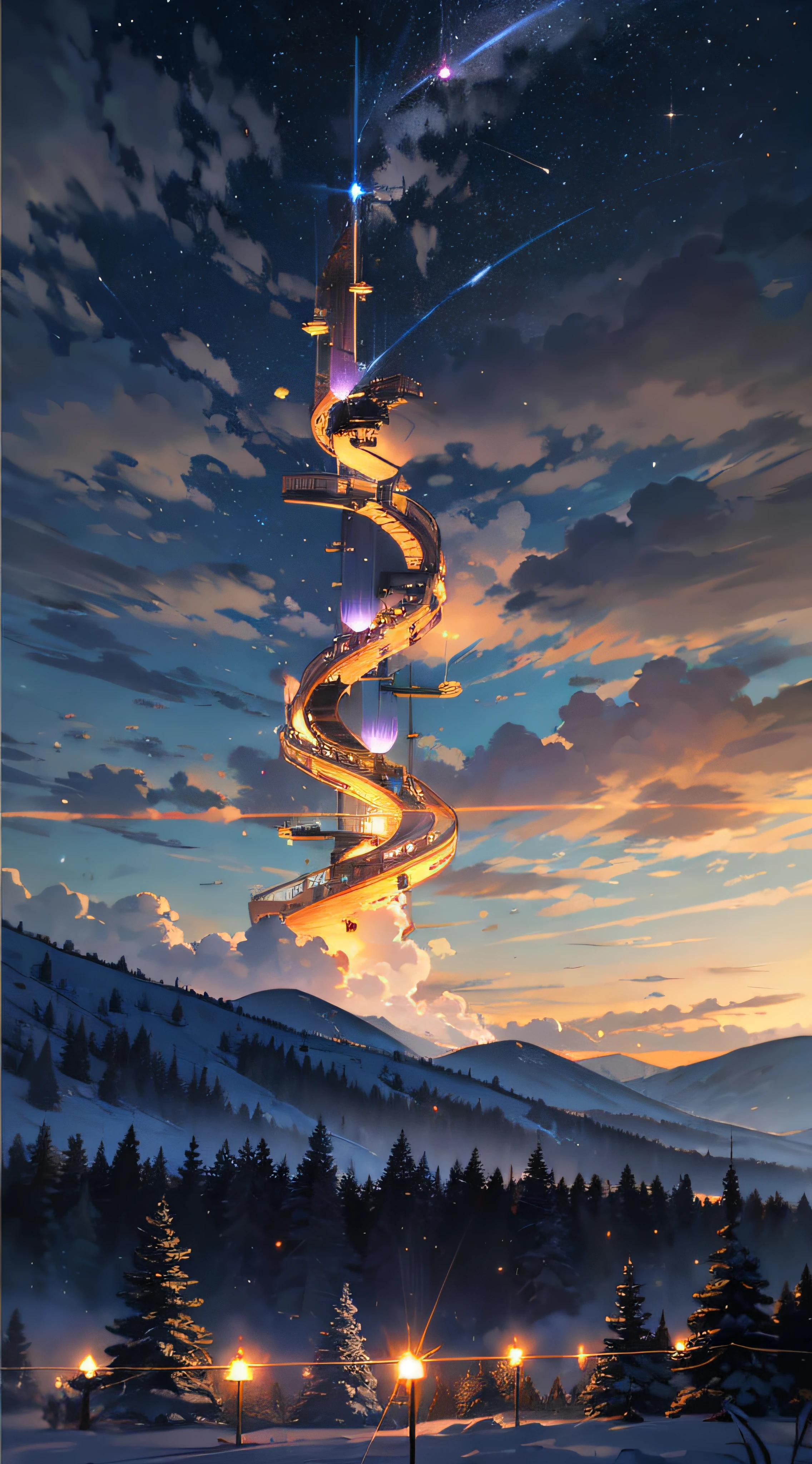 Expansive landscape photograph,(moon full:1.2),(meteors:0.9),(Starcloud:1.3),Far Mountain, Tree BREAK making art,(Warm light source:1.2),(glowworm:1.2),lamp lights,Lots of purple and orange,Complicated details,Volumetriclighting,Realism BREAK(tmasterpiece:1.2),(best qualtiy),4K,Ultra-detailed,(dynamic compositions:1.4),The is very detailed,Colorful details,(Irridescent color:1.2),(luminouslighting,Atmospheric lighting),dream magical,magical,(独奏:1.2),((best qualtiy)), ((tmasterpiece)), (the detail:1.4),depth of fields,maximum definition and sharpness,perfectly proportions,Fluttering clouds,Wallpapers