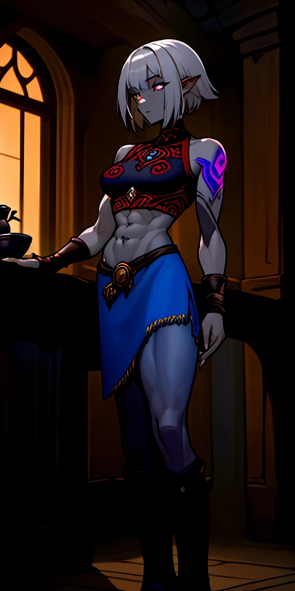 (masterpiece, best quality),1girl,medium hair,shaved hair,grey skin,tribal body tattoos,dark mage,fantasy,muscular, vermilion eyes,sliver hair,crop top,pantyhose,high top boots,indoor,tavern