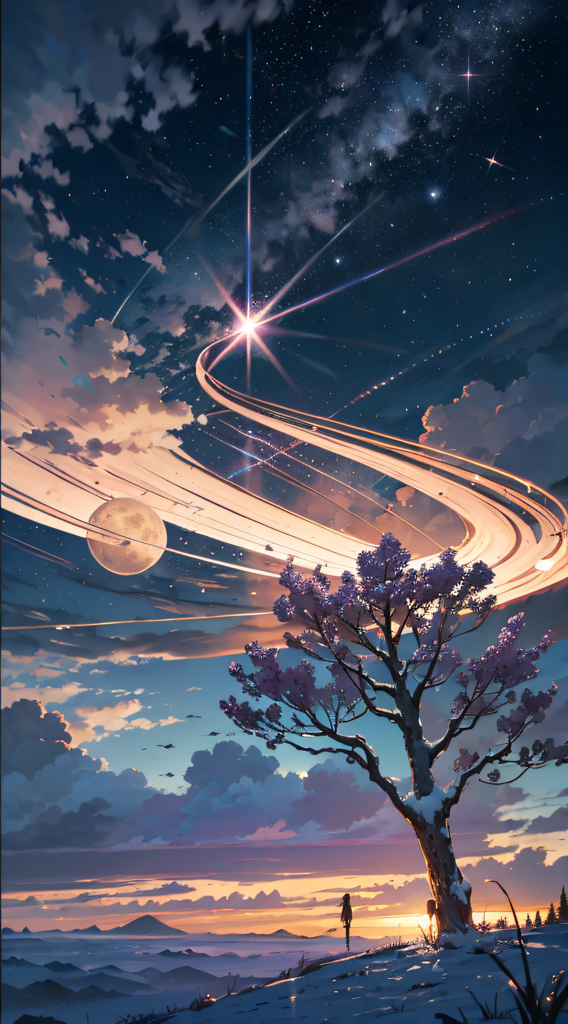 Expansive landscape photograph,(moon full:1.2),(meteors:0.9),(Starcloud:1.3),Far Mountain, Tree BREAK making art,(Warm light source:1.2),(glowworm:1.2),lamp lights,Lots of purple and orange,Complicated details,Volumetriclighting,Realism BREAK(tmasterpiece:1.2),(best qualtiy),4K,Ultra-detailed,(dynamic compositions:1.4),The is very detailed,Colorful details,(Irridescent color:1.2),(luminouslighting,Atmospheric lighting),dream magical,magical,(独奏:1.2),((best qualtiy)), ((tmasterpiece)), (the detail:1.4),depth of fields,maximum definition and sharpness,perfectly proportions,Fluttering clouds,Wallpapers