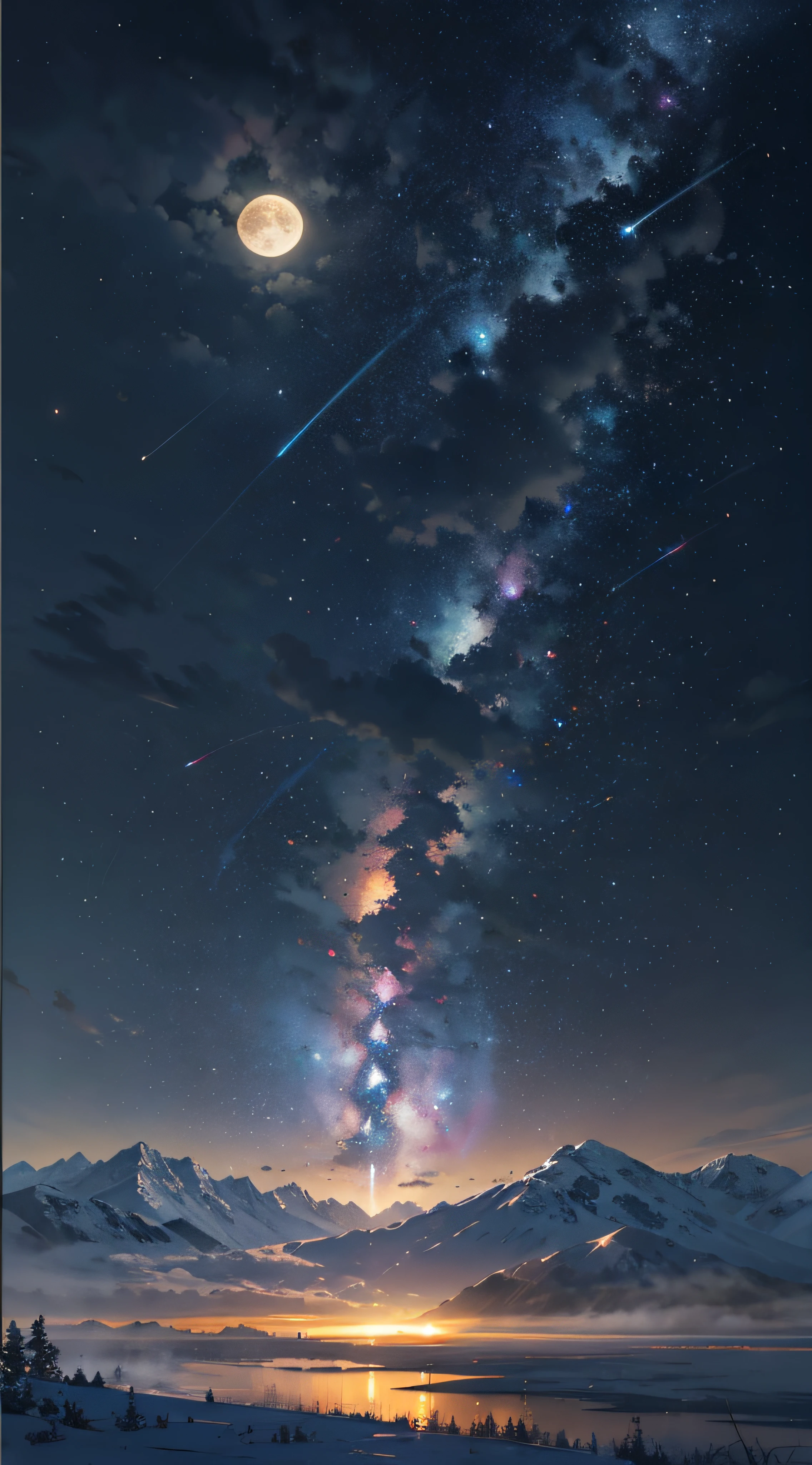 Expansive landscape photograph,(moon full:1.2),(meteors:0.9),(Starcloud:1.3),Far Mountain, Tree BREAK making art,(Warm light source:1.2),(glowworm:1.2),lamp lights,Lots of purple and orange,Complicated details,Volumetriclighting,Realism BREAK(tmasterpiece:1.2),(best qualtiy),4K,Ultra-detailed,(dynamic compositions:1.4),The is very detailed,Colorful details,(Irridescent color:1.2),(luminouslighting,Atmospheric lighting),dream magical,magical,(独奏:1.2),((best qualtiy)), ((tmasterpiece)), (the detail:1.4),depth of fields,maximum definition and sharpness,perfectly proportions,Fluttering clouds,Wallpapers