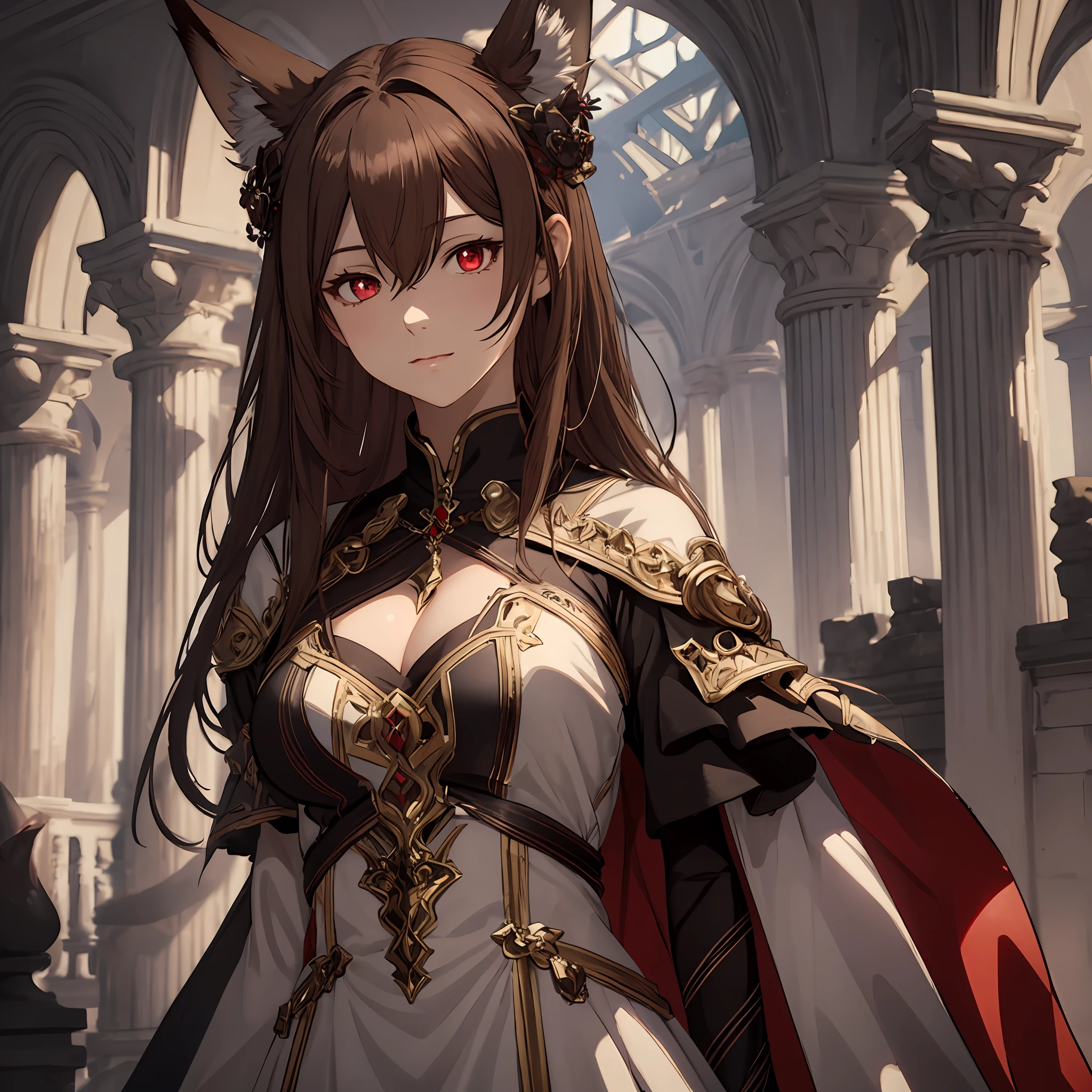 masterpiece, best quality, 1woman, adult, female focus, solo, light brown hair, long hair, vibrant red eyes, looking at viewer, closed mouth, Fantasy aesthetics, Highly detailed, shadowverse style, full body, white attire, fox ear, fox tail
