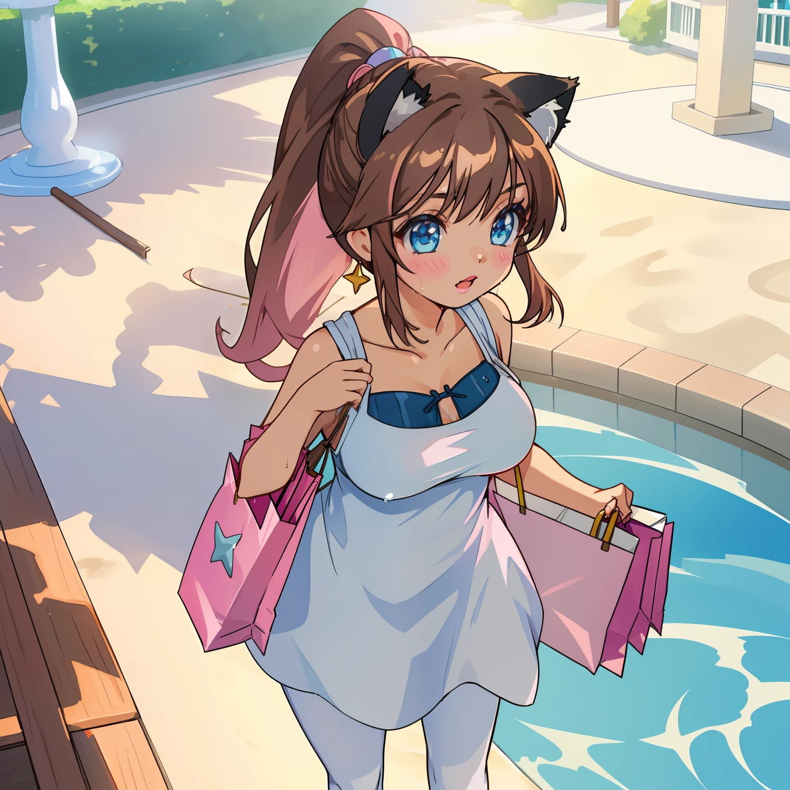 (Highly detailed CG Unity 8k wallpaper), (Best Quality), (Super Detail), (Best Illustration), (Best Shadow), POV, Realistic lighting and shading, Natural light, Lens flare effect, BREAK, 1 beautiful girl, Solo,(Cute:1.5),(Chibi:0.8), (kawaii:1.5),(Lori:0.5), BREAK, ( ( girl), Very detailed, colourfull, highest details, BREAK, (Huge breasts: 1. 2,), Clear skin, Beautiful skin, Shy skin, 1 beautiful girl, Brown hair, (Cat ears, Ponytail, medium-Long hair: 1. 2), (Light blue eyes, long eyelashes, Double eyelids: 1. 2), Solo, gleaming skin, BREAK,(Wet Casual Beachwear:1.2), (lightweight summer one-piece dress:1.2), (White straw hat:1.0), (Fashionable pumps for dating:1.0), (star-shaped earring:1.1), (Black pantyhose:1.0), (Cute Accessories:1.3), BREAK, (Light pink eyeshadow,teak,Cute lipstick:1.3),(A bustling shopping mall, Shopping Dating,Meeting in front of the fountain:1.2),