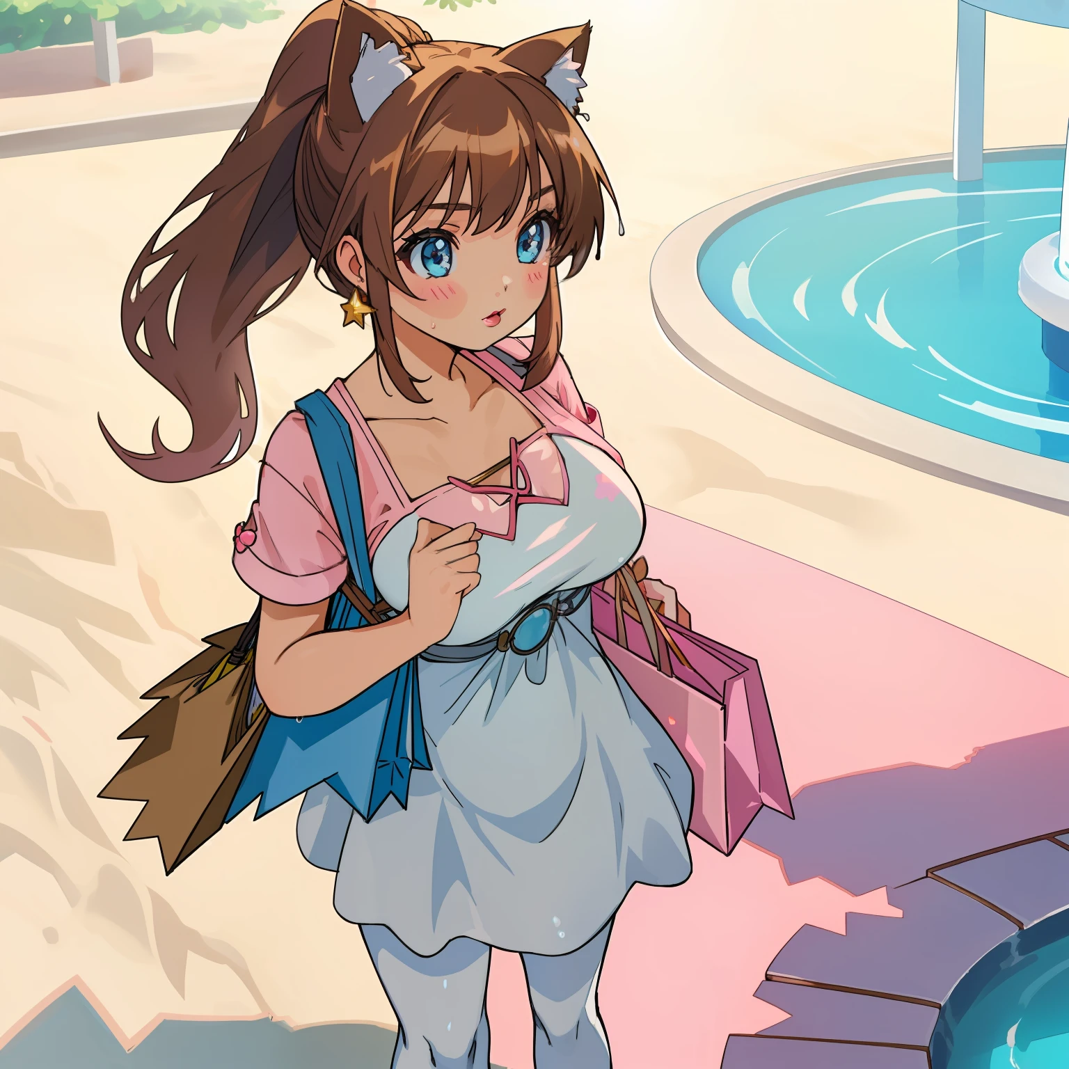 (Highly detailed CG Unity 8k wallpaper), (Best Quality), (Super Detail), (Best Illustration), (Best Shadow), POV, Realistic lighting and shading, Natural light, Lens flare effect, BREAK, 1 beautiful girl, Solo,(Cute:1.5),(Chibi:0.8), (kawaii:1.5),(Lori:0.5), BREAK, ( ( girl), Very detailed, colourfull, highest details, BREAK, (Huge breasts: 1. 2,), Clear skin, Beautiful skin, Shy skin, 1 beautiful girl, Brown hair, (Cat ears, Ponytail, medium-Long hair: 1. 2), (Light blue eyes, long eyelashes, Double eyelids: 1. 2), Solo, gleaming skin, BREAK,(Wet Casual Beachwear:1.2), (lightweight summer one-piece dress:1.2), (White straw hat:1.0), (Fashionable pumps for dating:1.0), (star-shaped earring:1.1), (Black pantyhose:1.0), (Cute Accessories:1.3), BREAK, (Light pink eyeshadow,teak,Cute lipstick:1.3),(A bustling shopping mall, Shopping Dating,Meeting in front of the fountain:1.2),
