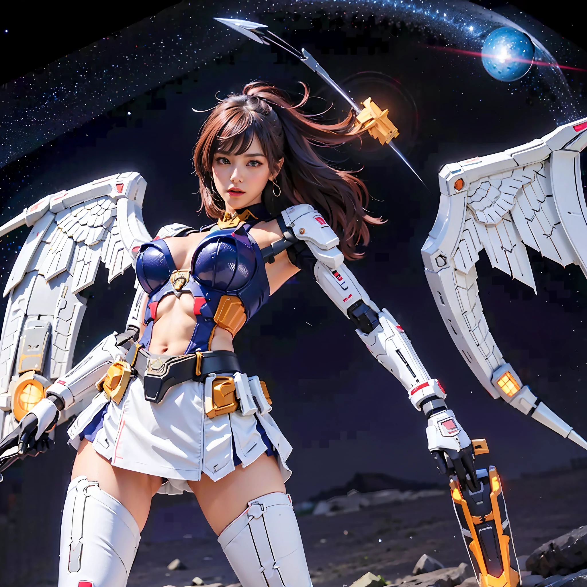 The Cyberarmor Ultraman Empress is spreading her wings of light in outer space, preparing to leap,The Cyberarmor Ultraman Empress in the shot has an ethereal and graceful posture,Stretch out the light wings is magnificent,Cyberarmor Ultraman Empress has a sexy and atmospheric figure,K-cup teardrop-shaped giant tit chest tears the armor apart, making her sexy sex characteristics obvious body particularly attractive,She was facing the unfolding portal,Behind you is a bright starry sky,At your feet is the planet Cyber,A glorious body cloaked in space rays,A pair of huge heterochromatic eyes of Kaziran,Those eyes had gemstone pupils with dreamy fire,The sexy and tight waist and abdomen line is sexy and graceful,Cyber Armor Ultraman Empress Beauty collarbone connects to slender shoulder arms,The Gothic maid had graceful hands that were ergonomic and physiologically normal,Knee-high fishnet sock armor on his legs,Wearing Skyscraper Heels armor on his feet,The Gothic maid had no fat all over her body,And the funnel shape is slim at the waist,The buttock armor looks rounded and sexy,Slim mechanical beautiful legs are super slender,Gorgeous mech liveries and pulsed light strips give her a futuristic mechanical aesthetic,Use Midjourney's advanced stroke tools and experiment with different color palettes and strokes to reveal and improve clarity and detail,The starry sky element that shows the background uses hash power to compose the sexy mechanical shape of various parts of the body of the Cyberarmor Ultraman Empress,Improve image quality and clarity,Cyberarmor Ultraman Empress is a mechanical desire trait that coexists with mechanical and sexy,The result is incredible detail throughout the picture。Use Midjourney's advanced brush tools and experiment with different color palettes and texture tools, stroke tools, material packs, character expression tools, and show and enhance the sexy elements in your scene,The result is an incredibly premium quality to the entire picture。Us