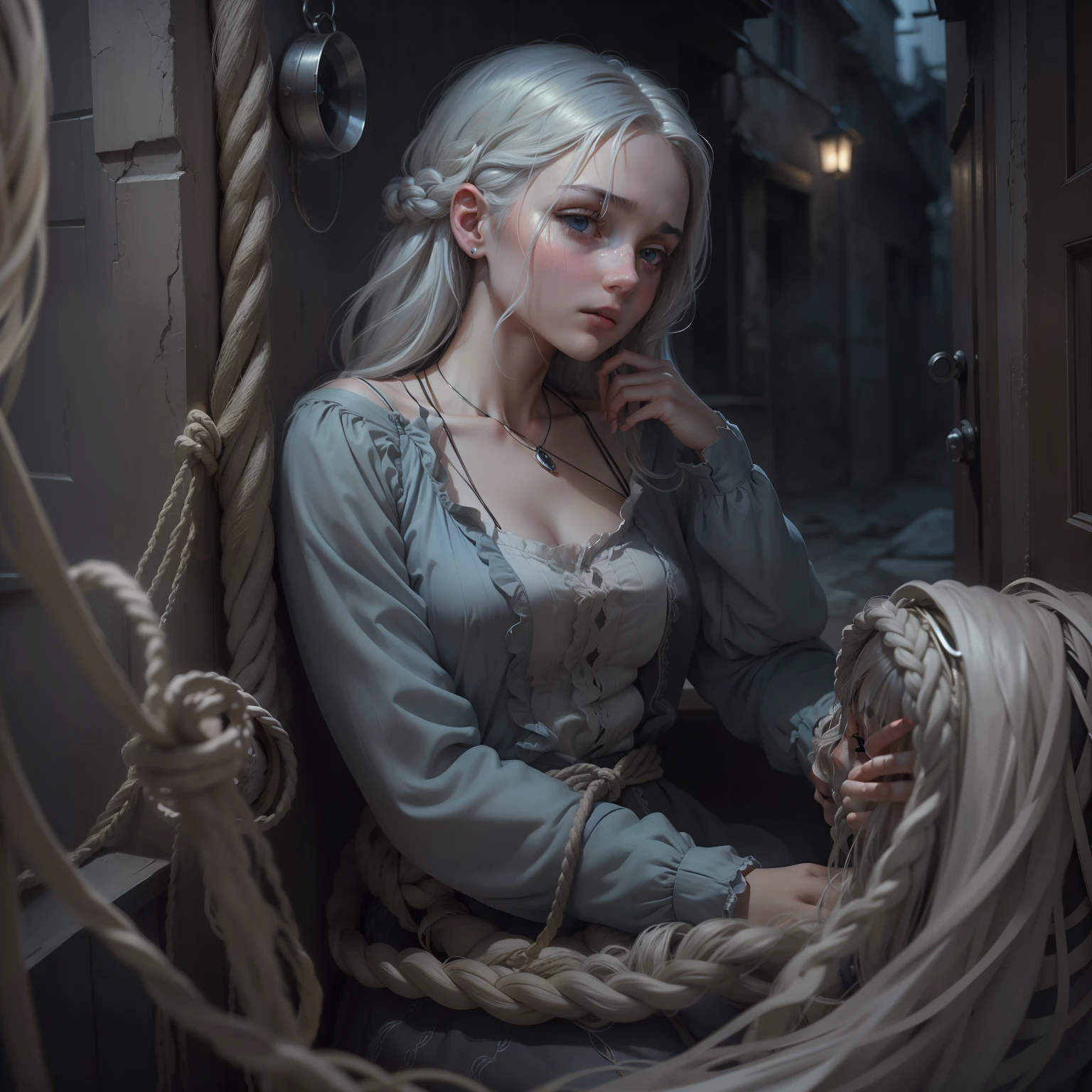 ((Best quality)), ((Masterpiece)), (Detailed), Silver-haired girl entangled in a rope, (Semi-realism:1.2), (Sergey Mashennikov:1.1), There was heartache in her sky-blue eyes, Dimly lit room, (alleys:1.2), A high resolution, (Suspense architecture:1.1), Poetic sadness, (8K resolution:1.2), ($$)
