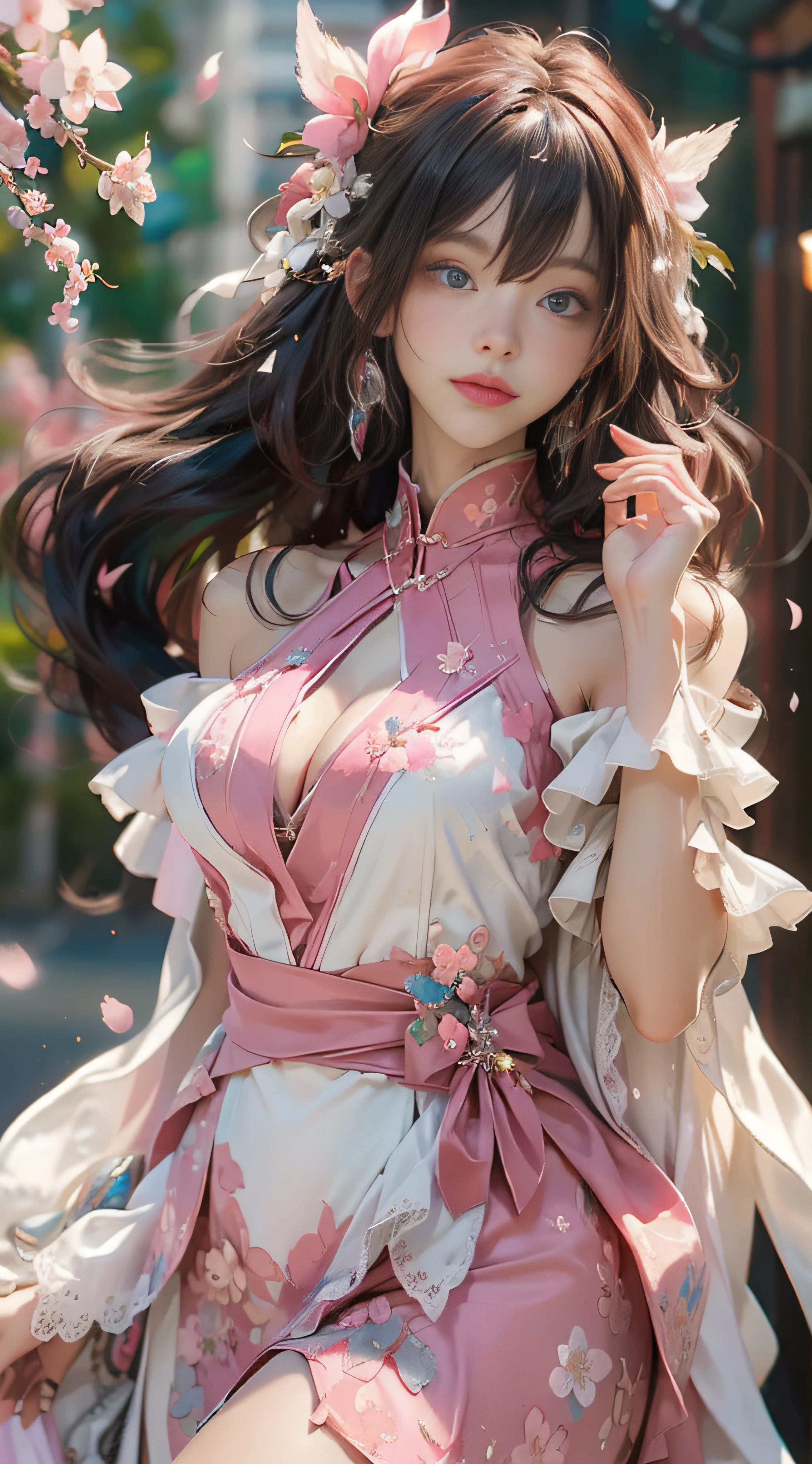 （（best qualtiy））， （（tmasterpiece））， （detail：1.4）， Beautiful cyberpunk female images，hdr（HighDynamicRange），Ray traching，NVIDIA RTX，Hyper-Resolution，illusory 5，sub surface scattering，PBR textures，post-proces，Anisotropy Filtering，depth of fields，maximum definition and sharpness，Many-Layer Textures，Albedo e mapas Speculares，Surface coloring，Mitsu-Accurate simulation of material interactions，perfectly proportioned，rendering by octane，Two-colored light，largeaperture，Low ISO，White balance，Rule three points、8K raw data、Beautiful bright blue pupils，off-the-shoulder clothes，Fine pupils，Delicate face and eyes，long eyelasher，Blushlush，Delicate and fluffy hair，pink lip，Pure，Cute big breasts，Sweet girl，Artistic sense，Casual wear，Advancedsense，butterflys，Cherry blossom petal，Beautiful hair accessories，Long hair and waist，Hair fluttering in the wind，wedding gown，curlies