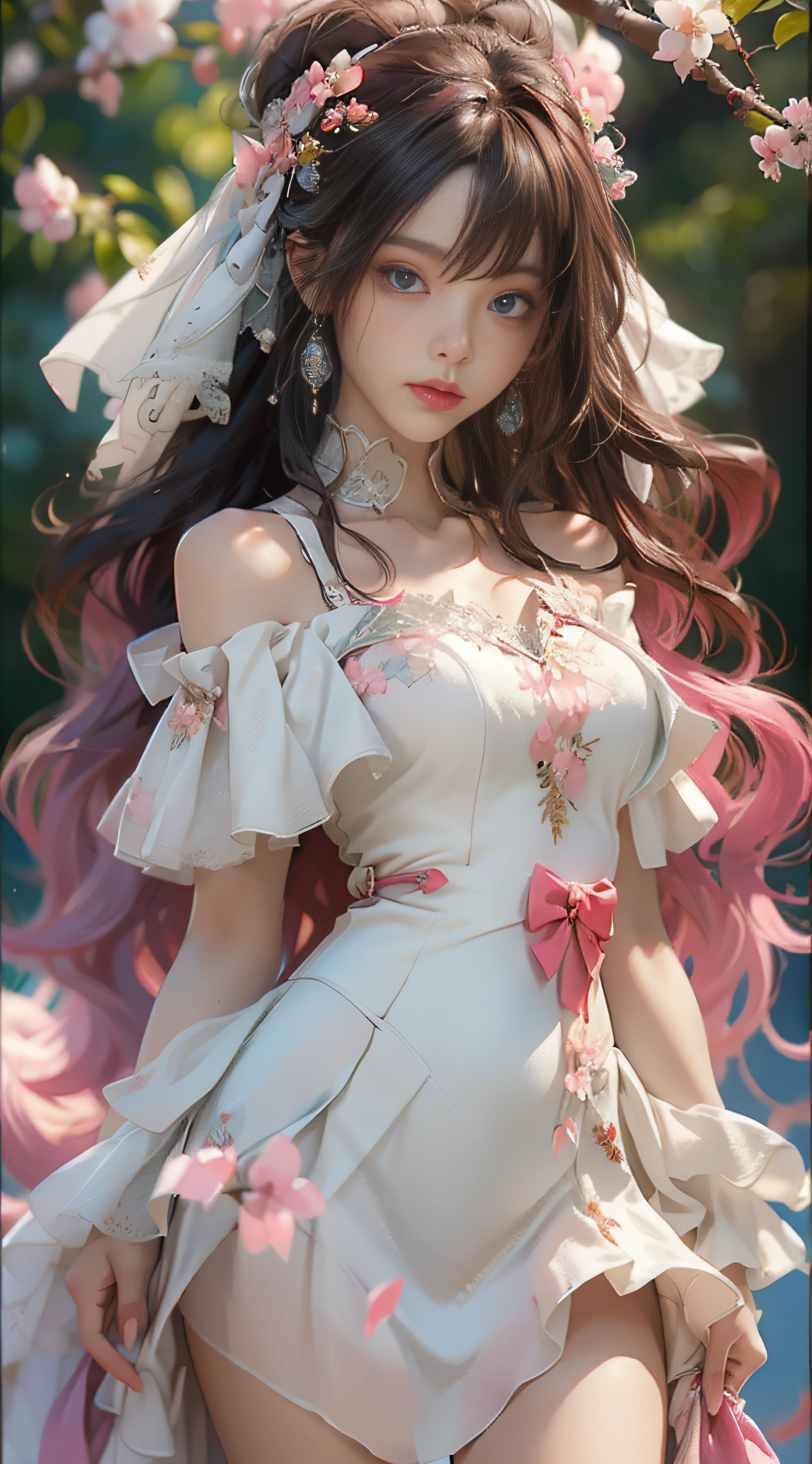 ((best qualtiy)), ((tmasterpiece)), (detail:1.4), Beautiful cyberpunk female images,hdr(HighDynamicRange),Ray traching,NVIDIA RTX,Hyper-Resolution,illusory 5,sub surface scattering,PBR textures,post-proces,Anisotropy Filtering,depth of fields,maximum definition and sharpness,Many-Layer Textures,Albedo e mapas Speculares,Surface coloring,Mitsu-Accurate simulation of material interactions,perfectly proportioned,rendering by octane,Two-colored light,largeaperture,Low ISO,White balance,Rule three points、8K raw data、Beautiful bright blue pupils,off-the-shoulder clothes,Fine pupils,Delicate face and eyes,long eyelasher,Blushlush,Delicate and fluffy hair,pink lip,Pure,Cute face,Sweet girl,Artistic sense,Casual wear,Advancedsense,butterflys,Cherry blossom petal,Beautiful hair accessories,Long hair and waist,Hair fluttering in the wind,wedding gown,curlies