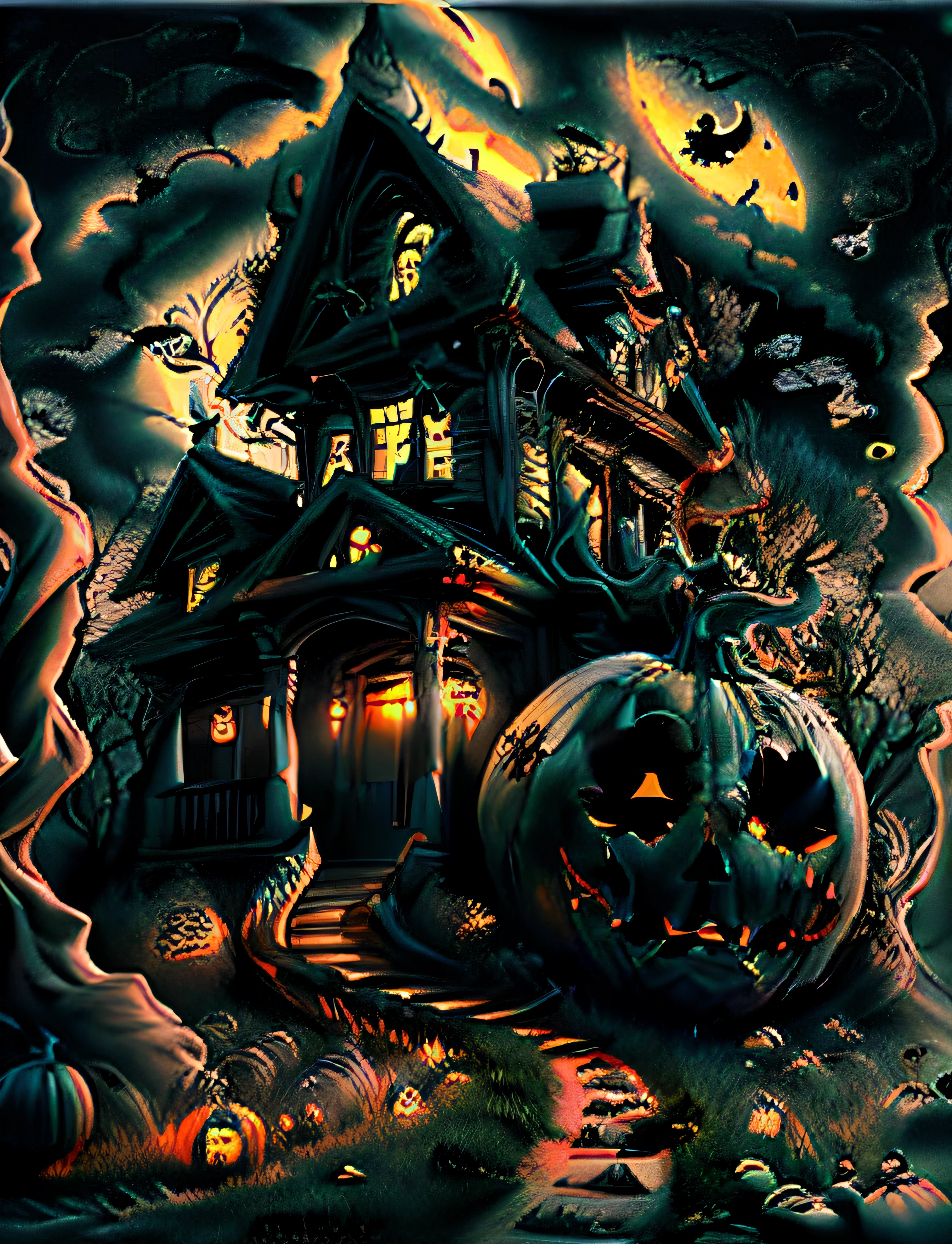 a black and white drawing of a house with a pumpkin, haunted house themed, haunted house, ink artwork, spooky mansion, coloring pages, colouring pages, haunting and spooky, halloween art style, ultra detailed haunted house, halloween atmosphere, coloring book page, detailed line art, scary detailed art in color, halloween theme, haunted background, colouring - in sheet, background artwork