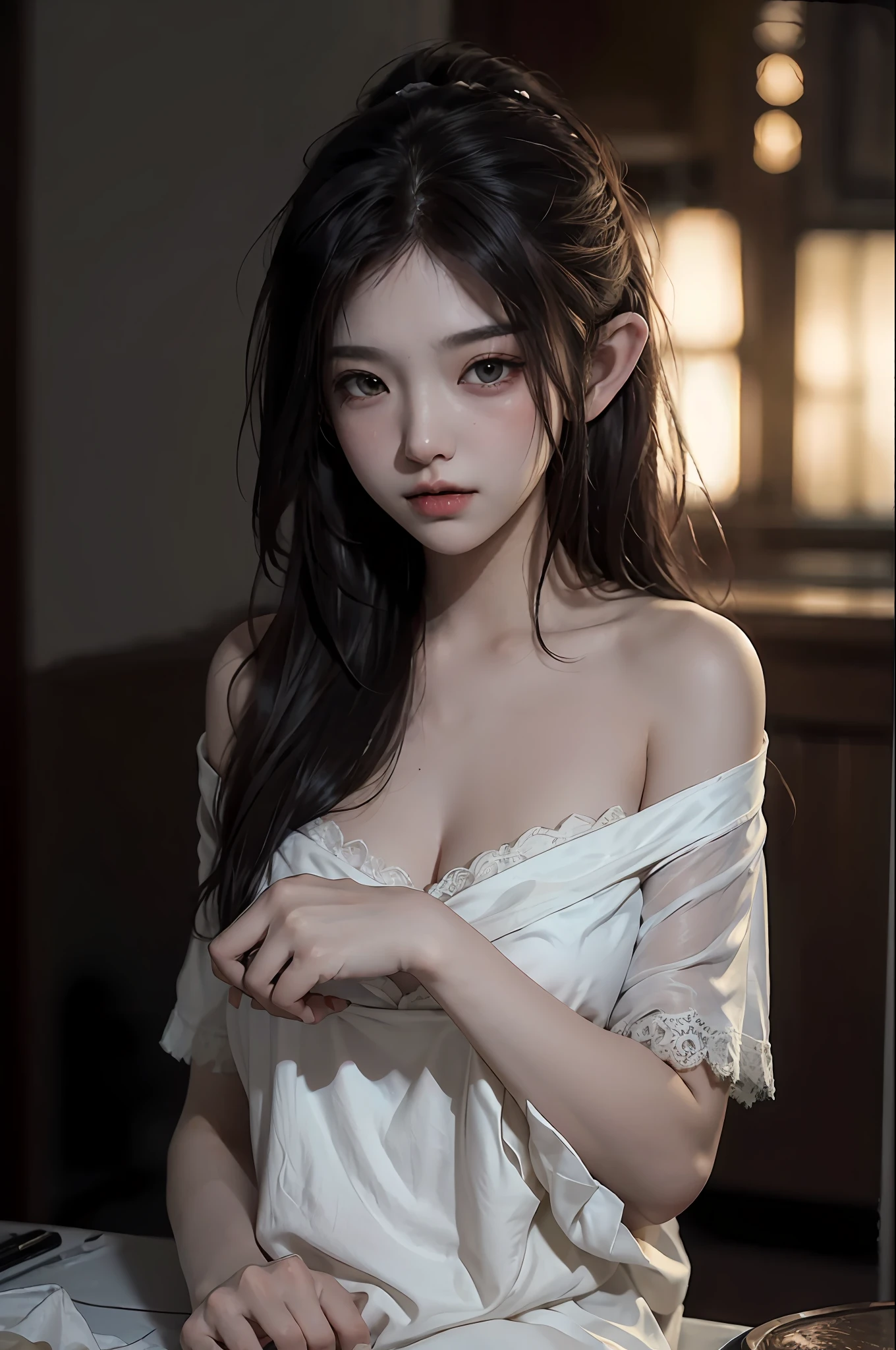 （realisticlying：1.4）， offcial art， Unity 8k壁纸， ultra - detailed，Delicate detail skin，（Movie Angle），filmgrain，cinmatic lighting，Beautiful and beautiful， tmasterpiece，best qualityer，
（Dark interior），Dark environment，table light，
1girll，(looking at viewert)，pointy ears，(elvish ears)，hands behind body，((messy  hair))，(redheadwear)，bare shoulders​，flatchest，Shoulder，(Lace women's pajamas)，Saggy clothes，duck sitting，Beth，Hot summer，Moist，Sweat，sentimental，