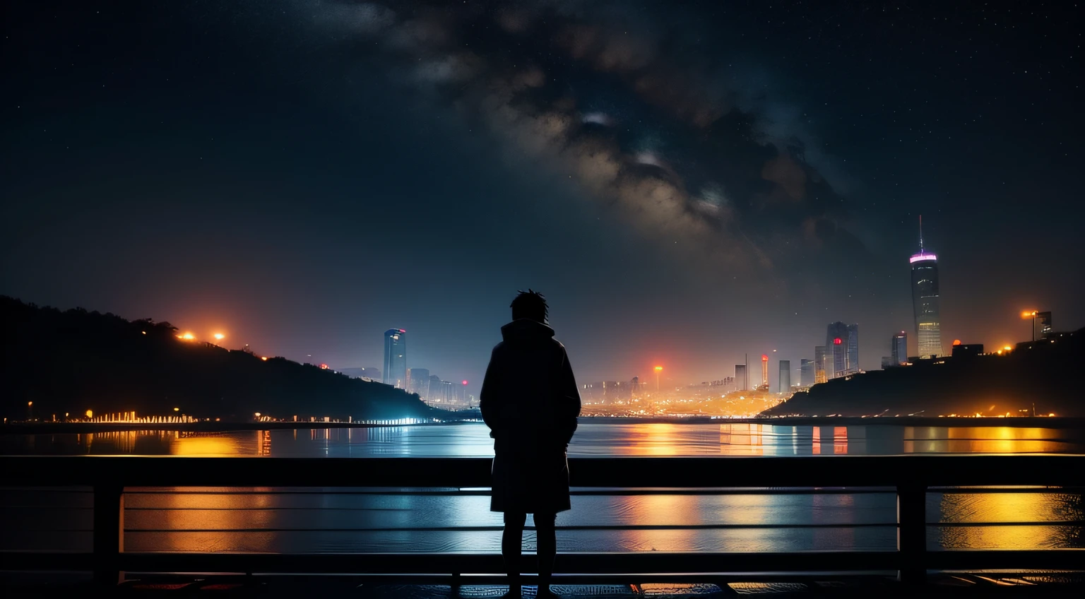 Guardian in the Darkness, paisagem colorida, melancholic atmosphere, chuva leve, neons brilhantes, becos estreitos, solitary silhouette.cidade japonesa antiga, paisagem urbana sombria, melancholic atmosphere, chuva leve, neons brilhantes, becos estreitos, solitary silhouette.