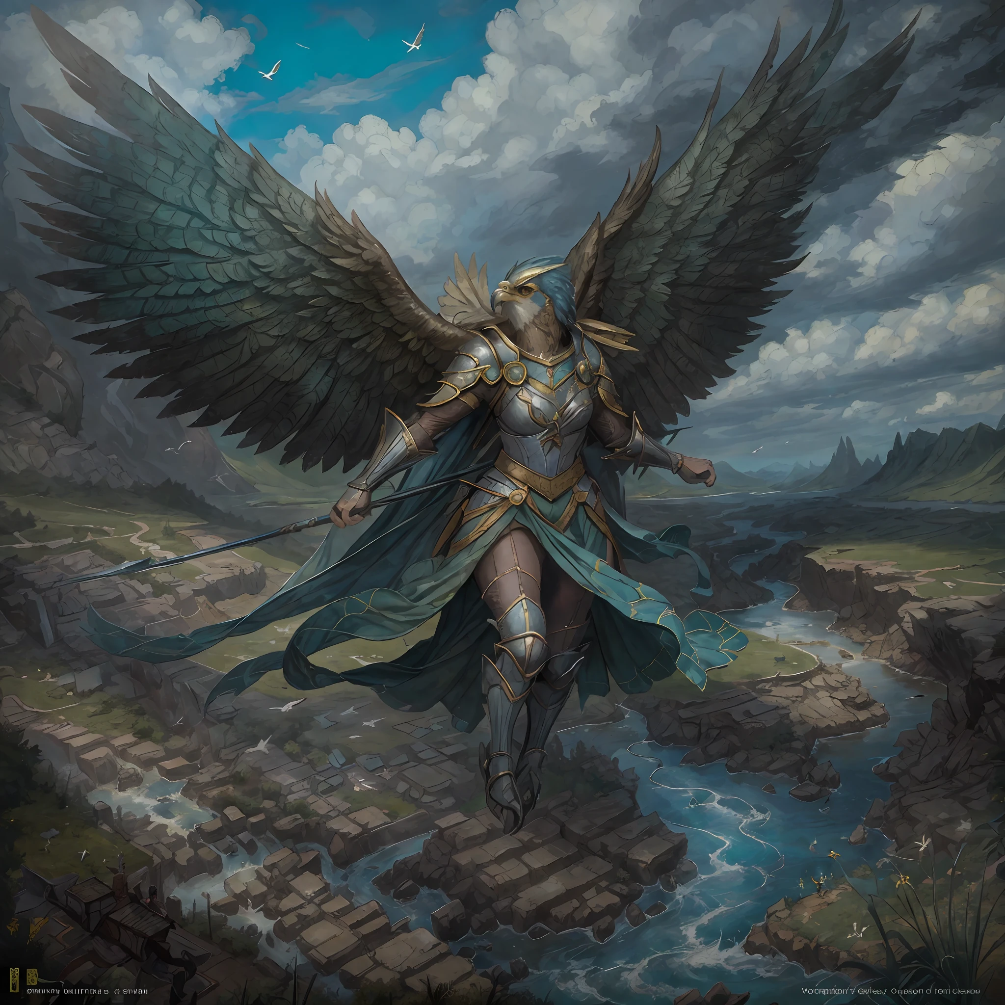 masterpiece, best quality, (solo), painting of Aven a Grass Green bird woman wearing armor, medieval setting, in a stream, detailed blue sky, layers of dark clouds, flying, flying over a ravine, debris, Aerial View, dynamic, folded wings