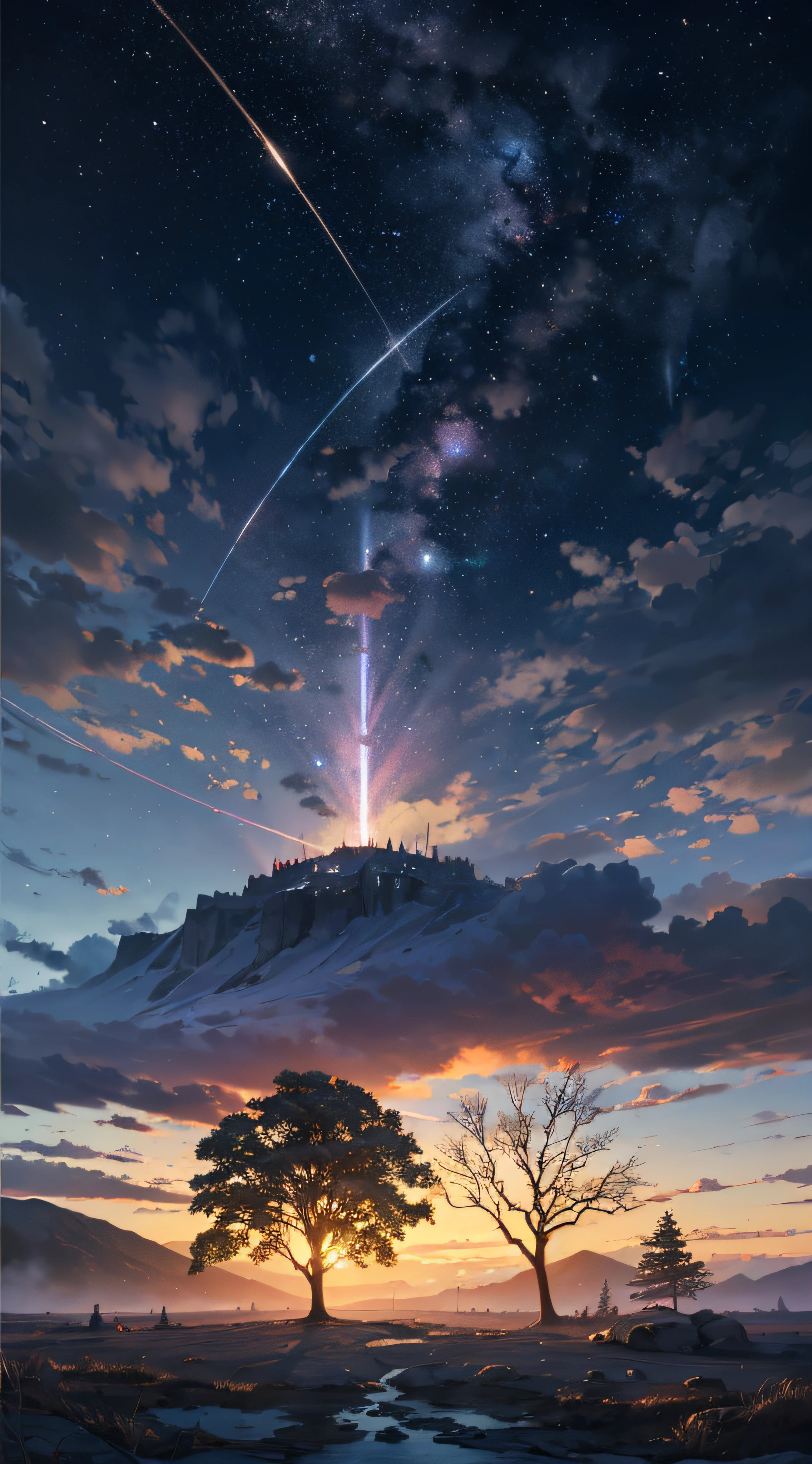 Expansive landscape photograph，（moon full：1.2），（meteors：0.9），（Starcloud：1.3），Far Mountain, Tree BREAK making art，（Warm light source：1.2），（glowworm：1.2），lamp lights，Lots of purple and orange，Complicated details，Volumetriclighting，Realism BREAK（tmasterpiece：1.2），（best qualtiy），4K，Ultra-detailed，（dynamic compositions：1.4），The is very detailed，Colorful details，（Irridescent color：1.2），（luminouslighting，Atmospheric lighting），dream magical，magical，（独奏：1.2），（（best qualtiy））， （（tmasterpiece））， （the detail：1.4），depth of fields，maximum definition and sharpness，perfectly proportions，Fluttering clouds，Wallpapers