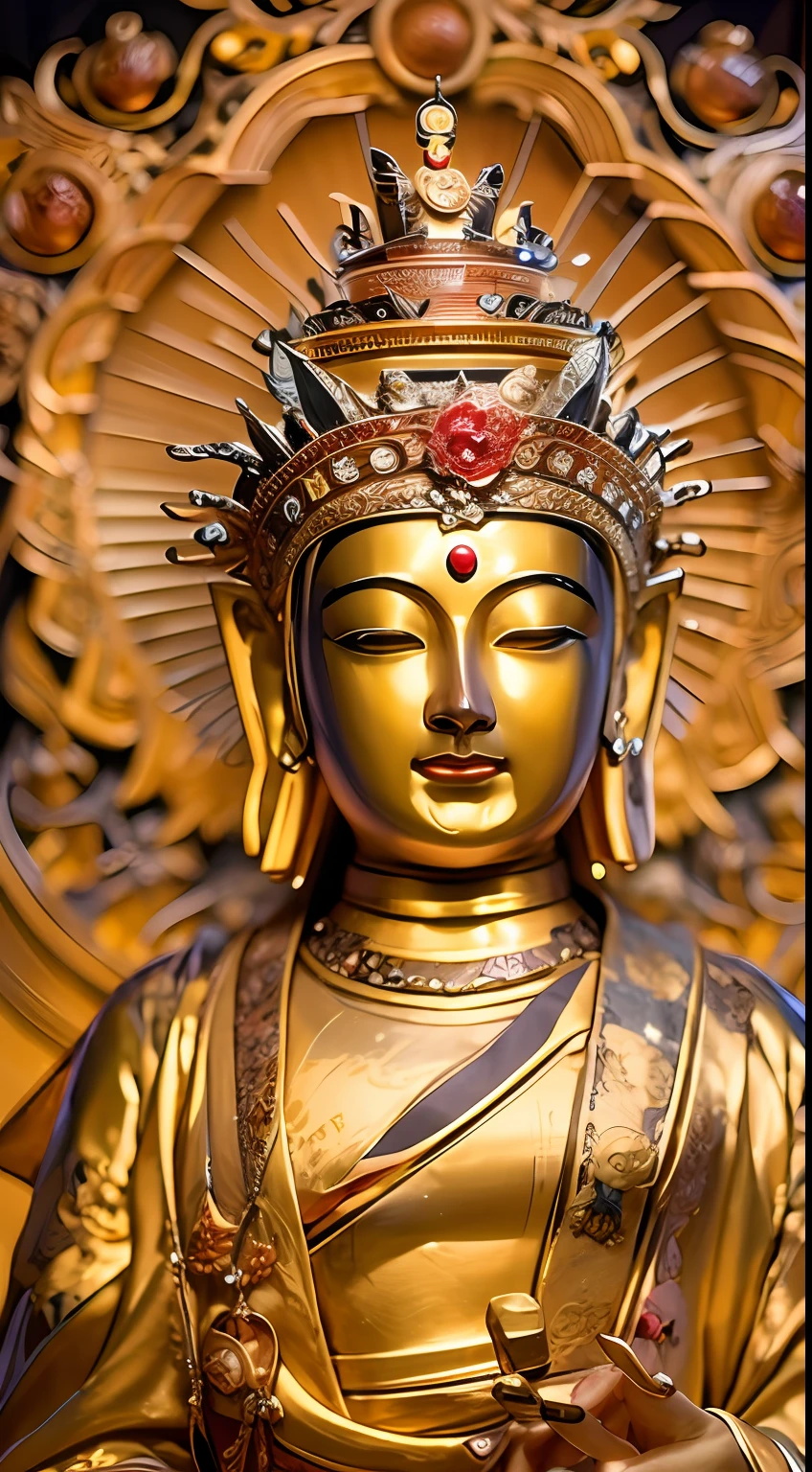 masutepiece, Best Quality, hight resolution,fantastic, Golden Buddha statue with a gold crown, A detailed face,Beautiful Golden Bodhisattva, beautiful image, Buddha, budista, buddhism, attractive male deity, buddhist art, sculpture made of gold, Bodhisattvas, Dharma Artifact, Photo taken with Nikon D 7 5 0, Photograph Taken on Nikon D750