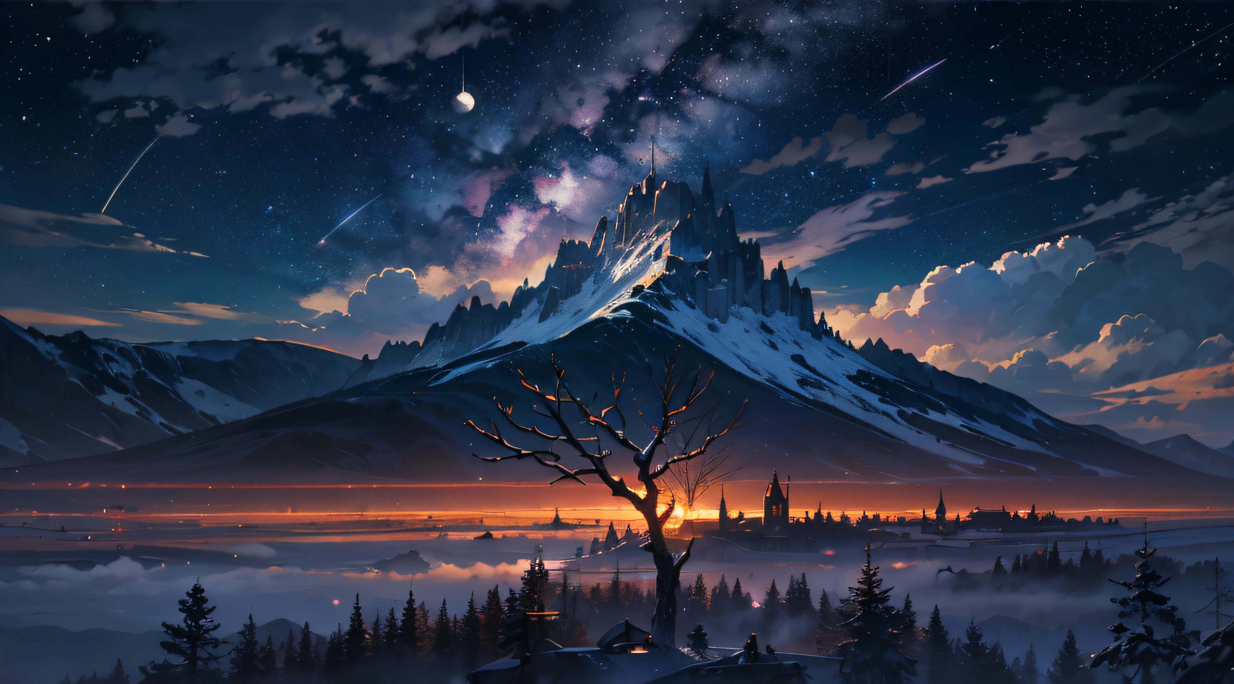 Expansive landscape photograph，（moon full：1.2），（meteors：0.9），（Starcloud：1.3），Far Mountain, Tree BREAK making art，（Warm light source：1.2），（glowworm：1.2），lamp lights，Lots of purple and orange，Complicated details，Volumetriclighting，Realism BREAK（tmasterpiece：1.2），（best qualtiy），4K，Ultra-detailed，（dynamic compositions：1.4），The is very detailed，Colorful details，（Irridescent color：1.2），（luminouslighting，Atmospheric lighting），dream magical，magical，（独奏：1.2），（（best qualtiy））， （（tmasterpiece））， （the detail：1.4），depth of fields，maximum definition and sharpness，perfectly proportions，Fluttering clouds，Wallpapers