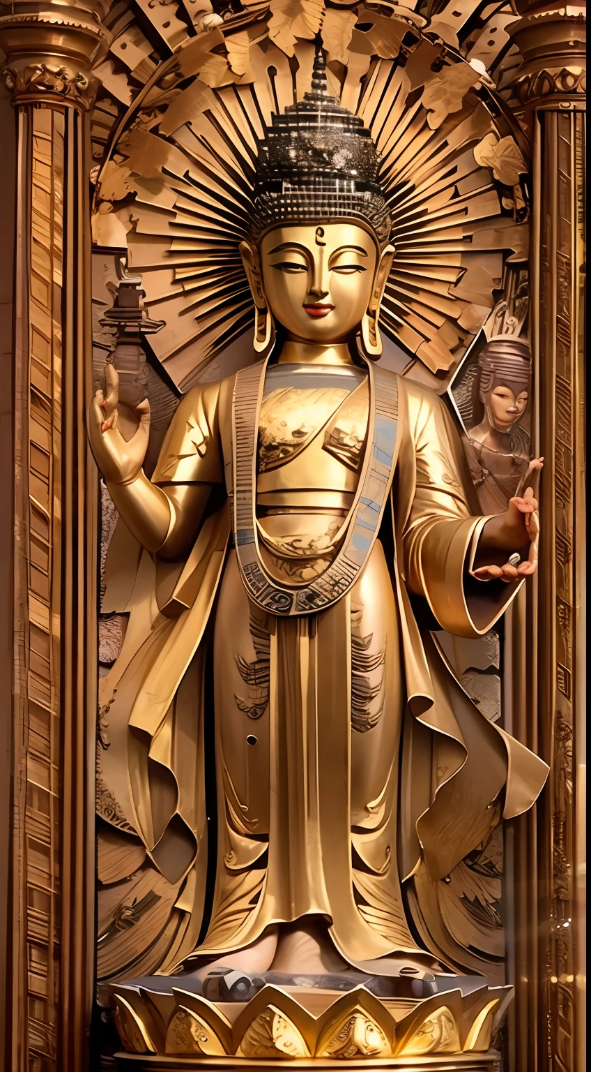 masutepiece, Best Quality, hight resolution,fantastic, Golden Buddha statue with a gold crown, A detailed face,Beautiful Golden Bodhisattva, beautiful image, Buddha, budista, buddhism, attractive male deity, buddhist art, sculpture made of gold, Bodhisattvas, Dharma Artifact, Photo taken with Nikon D 7 5 0, Photograph Taken on Nikon D750