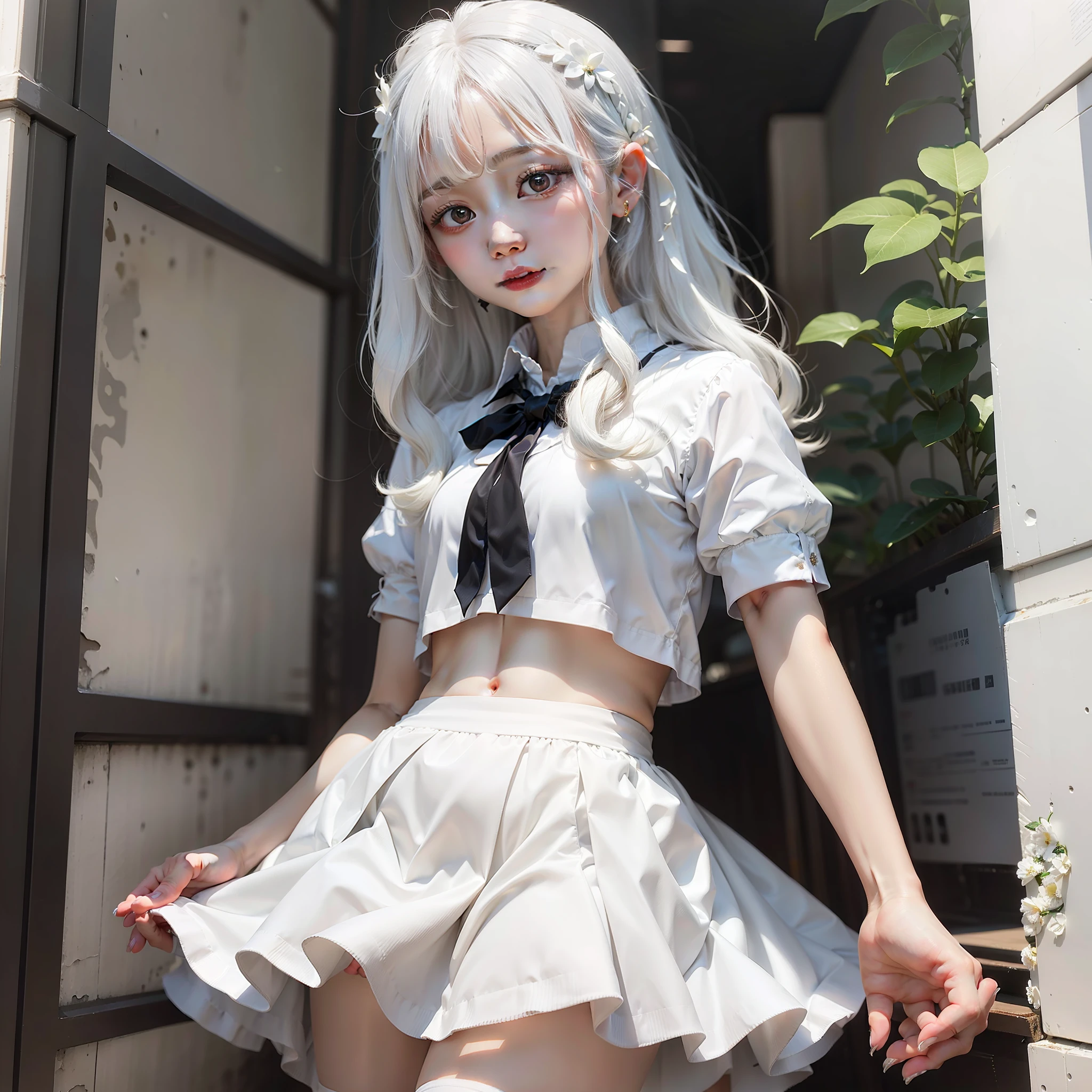 Loli with white hair,wearing a white skirt,