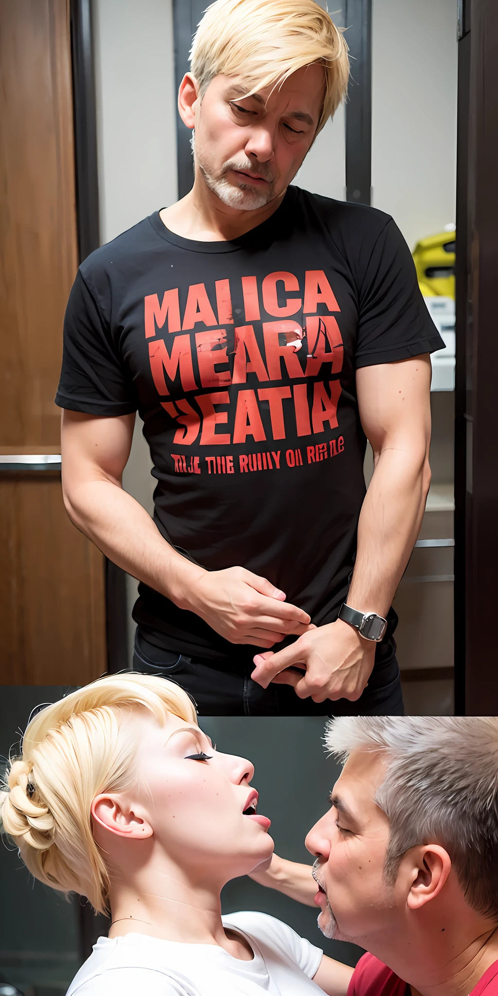 chica rubia, camiseta sin mangas, top sexy, top rojo, pechos medianos, 4k, alta calidad, Kissing the 60-year-old man on the mouth
