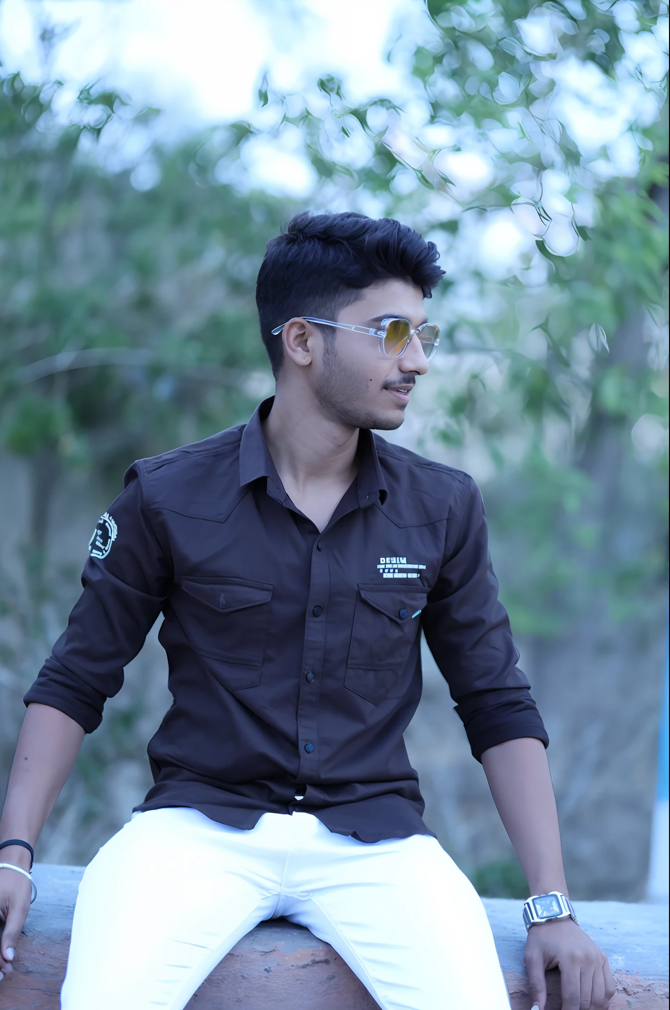 arafed man sitting on a wall with a watch on his wrist, jayison devadas, jayison devadas style, taken with canon 8 0 d, casual photography, taken with sigma, stylish pose, generate realistic 8k classy men casual