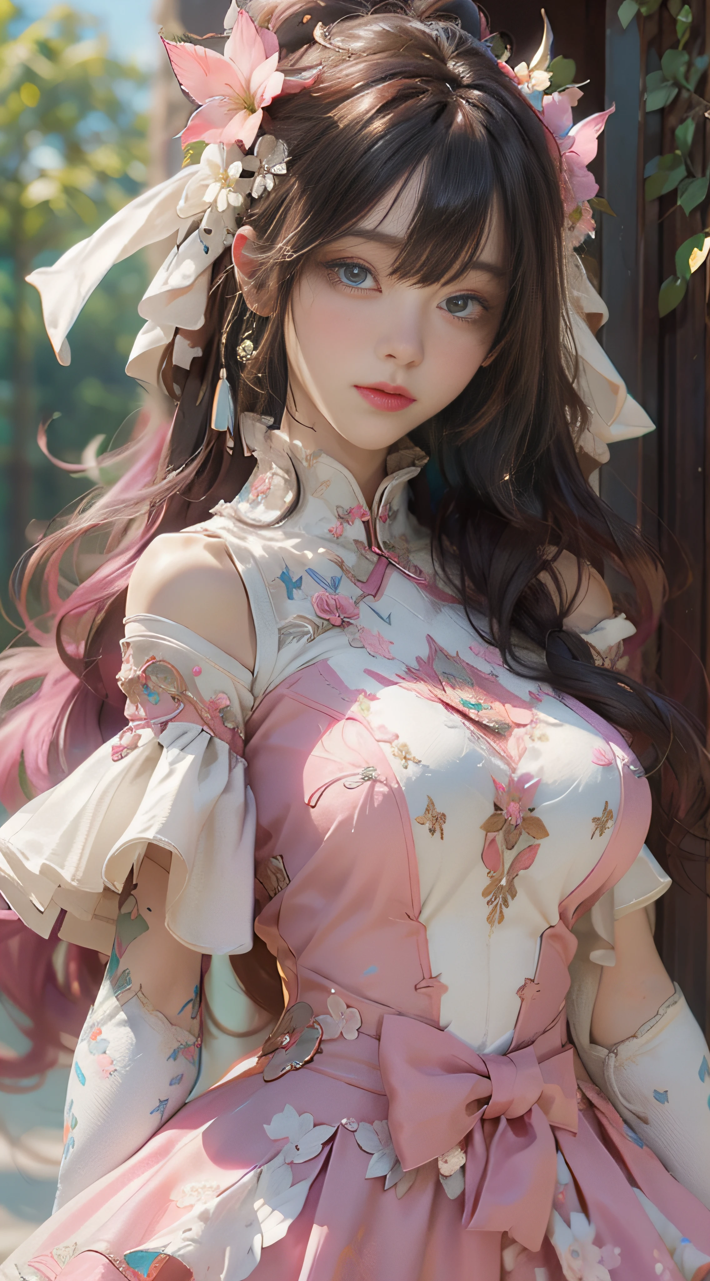 ((best qualtiy)), ((tmasterpiece)), (detail:1.4), Beautiful cyberpunk female images,hdr(HighDynamicRange),Ray traching,NVIDIA RTX,Hyper-Resolution,illusory 5,sub surface scattering,PBR textures,post-proces,Anisotropy Filtering,depth of fields,maximum definition and sharpness,Many-Layer Textures,Albedo e mapas Speculares,Surface coloring,Mitsu-Accurate simulation of material interactions,perfectly proportioned,rendering by octane,Two-colored light,largeaperture,Low ISO,White balance,Rule three points、8K raw data、Beautiful bright blue pupils,off-the-shoulder clothes,Fine pupils,Delicate face and eyes,long eyelasher,Blushlush,Delicate and fluffy hair,pink lip,Pure,Cute face,Sweet girl,Artistic sense,Casual wear,Advancedsense,butterflys,Cherry blossom petal,Beautiful hair accessories,Long hair and waist,Hair fluttering in the wind,wedding gown,curlies