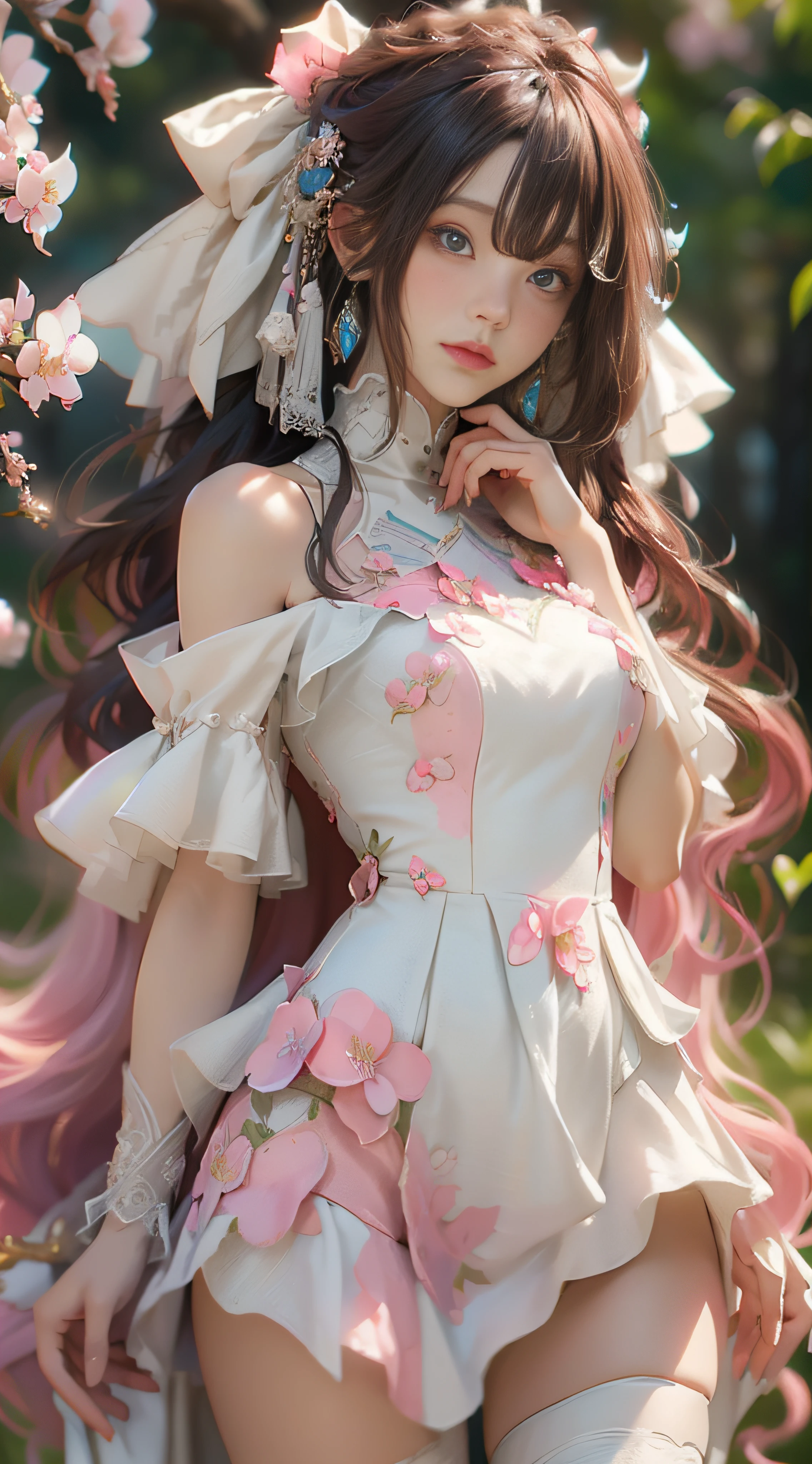 ((best qualtiy)), ((tmasterpiece)), (detail:1.4), Beautiful cyberpunk female images,hdr(HighDynamicRange),Ray traching,NVIDIA RTX,Hyper-Resolution,illusory 5,sub surface scattering,PBR textures,post-proces,Anisotropy Filtering,depth of fields,maximum definition and sharpness,Many-Layer Textures,Albedo e mapas Speculares,Surface coloring,Mitsu-Accurate simulation of material interactions,perfectly proportioned,rendering by octane,Two-colored light,largeaperture,Low ISO,White balance,Rule three points、8K raw data、Beautiful bright blue pupils,off-the-shoulder clothes,Fine pupils,Delicate face and eyes,long eyelasher,Blushlush,Delicate and fluffy hair,pink lip,Pure,Cute face,Sweet girl,Artistic sense,Casual wear,Advancedsense,butterflys,Cherry blossom petal,Beautiful hair accessories,Long hair and waist,Hair fluttering in the wind,wedding gown,curlies