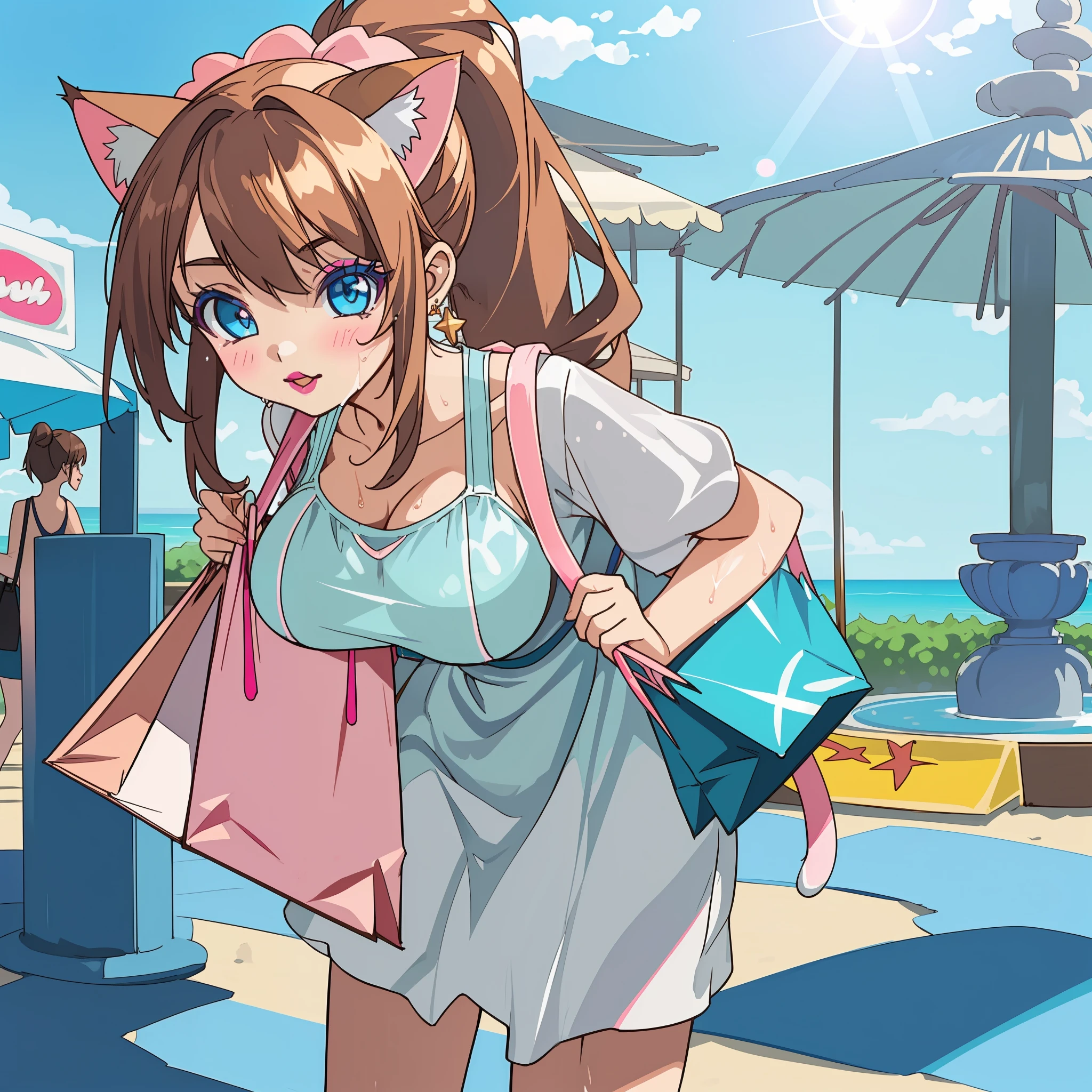 (Highly detailed CG Unity 8k wallpaper), (Best Quality), (Super Detail), (Best Illustration), (Best Shadow), POV, Realistic lighting and shading, Natural light, Lens flare effect, BREAK, 1 beautiful girl, Solo,(Cute:1.5),(Chibi:0.8), (kawaii:1.5),(Lori:0.5), BREAK, ( (17 years old girl), Very detailed, colourfull, highest details, BREAK, (Huge breasts: 1. 2,), Clear skin, Beautiful skin, Shy skin, 1 beautiful girl, Brown hair, (Cat ears, Ponytail, medium-Long hair: 1. 2), (Light blue eyes, long eyelashes, Double eyelids: 1. 2), Solo, gleaming skin, BREAK,(Wet Casual Beachwear:1.2), (lightweight summer one-piece dress:1.2), (White straw hat:1.0), (Fashionable pumps for dating:1.0), (star-shaped earring:1.1), (Black pantyhose:1.0), (Cute Accessories:1.3), BREAK, (Light pink eyeshadow,teak,Cute lipstick:1.3),(A bustling shopping mall, Shopping Dating,Meet in front of the fountain:1.2),