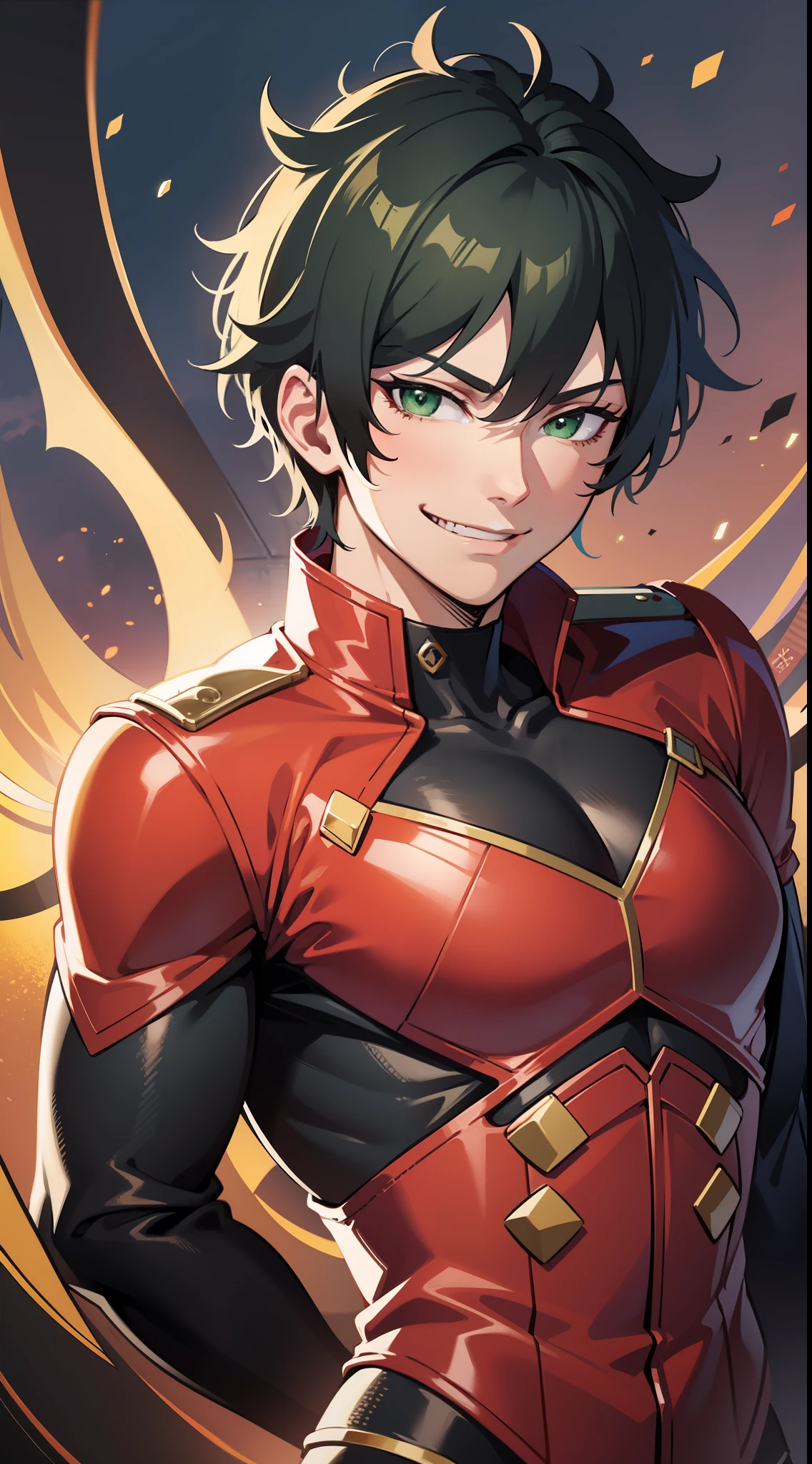 Tall guy, Short black hair, Green eyes, Red superhero uniform, dragon, smirk, Masterpiece, hiquality