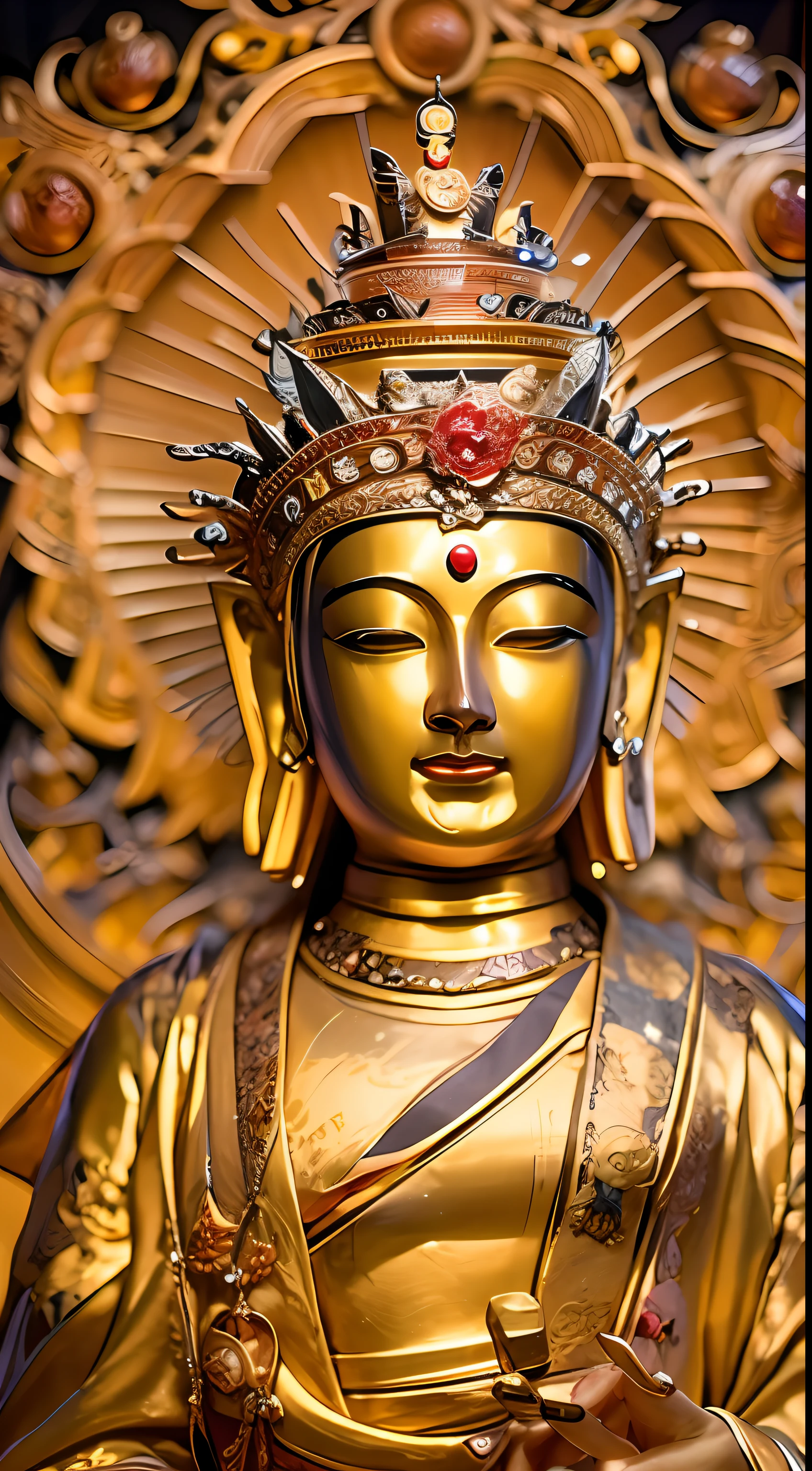 masutepiece, Best Quality, hight resolution,fantastic, Golden Buddha statue with a gold crown, A detailed face,Beautiful Golden Bodhisattva, beautiful image, Buddha, budista, buddhism, attractive male deity, buddhist art, sculpture made of gold, Bodhisattvas, Dharma Artifact, Photo taken with Nikon D 7 5 0, Photograph Taken on Nikon D750