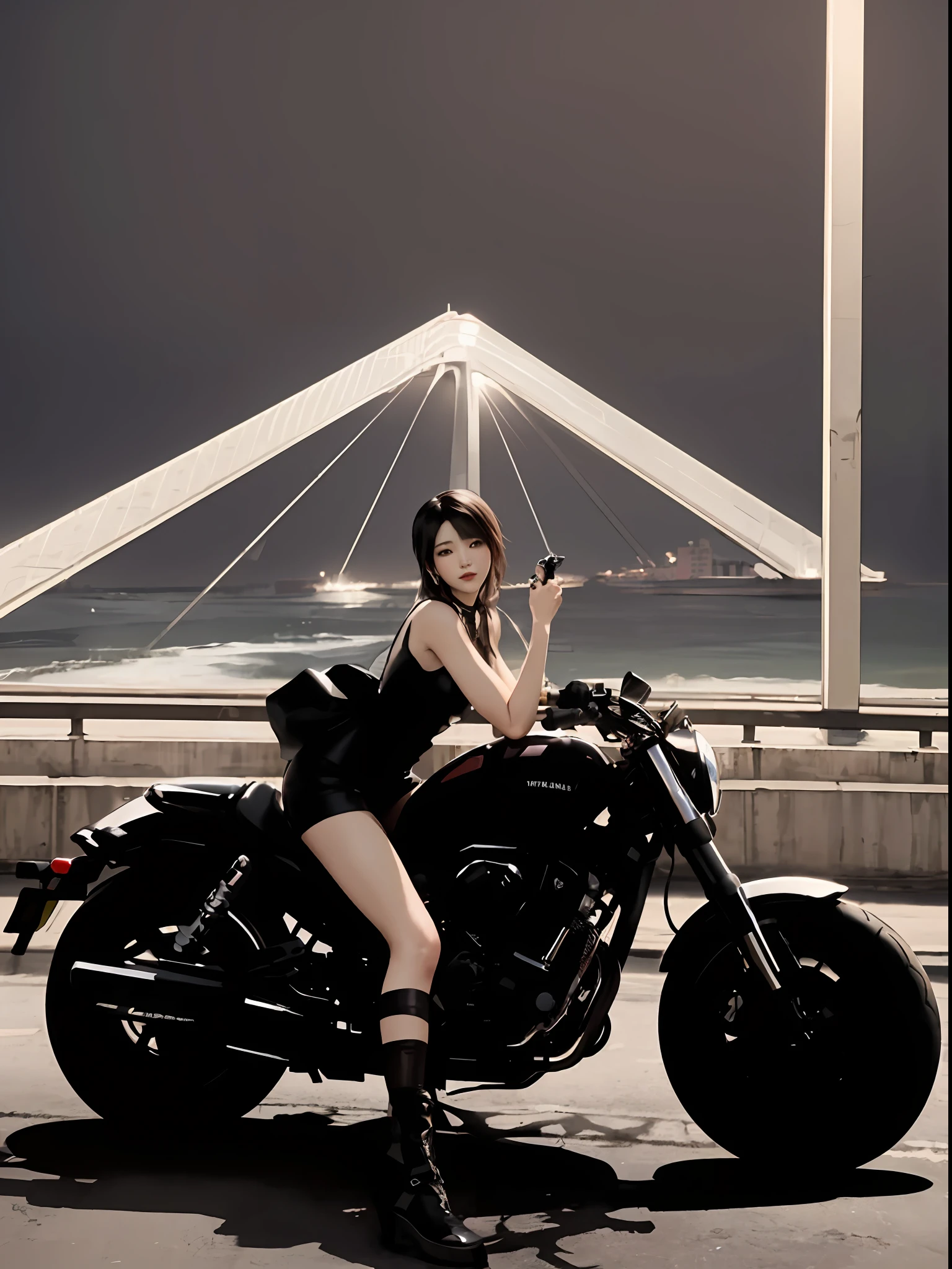 Woman sitting on a motorcycle on the bridge，In the background is a bridge, sitting on cyberpunk motorbike, takato yomamoto. 4 k'', 8 K, motorcycle, by Yang J, sitting on the motorcycle, future!!, Style mix Fujifilm, ff Tifa, riding a motorcycle, motorbiker, Tifa Lockhart, harley queen, tifa lockheart