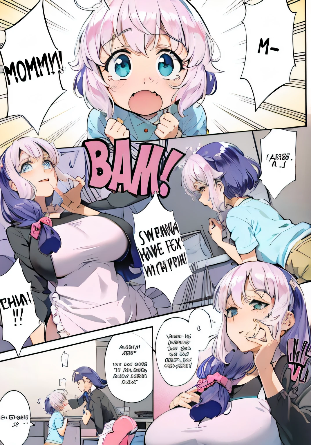 A cartoon comic book with a woman in a bed and a man in a bed, estilo anime ecchi, DDLC, colored manga panel, Naughty Expression, ela tem um rosto expressivo bonito, com uma boca muito grande, Estilo Ecchi, color manga panel, full color manga visual style, manga comic, com seios grandes, colorful manga, coloured manga scan