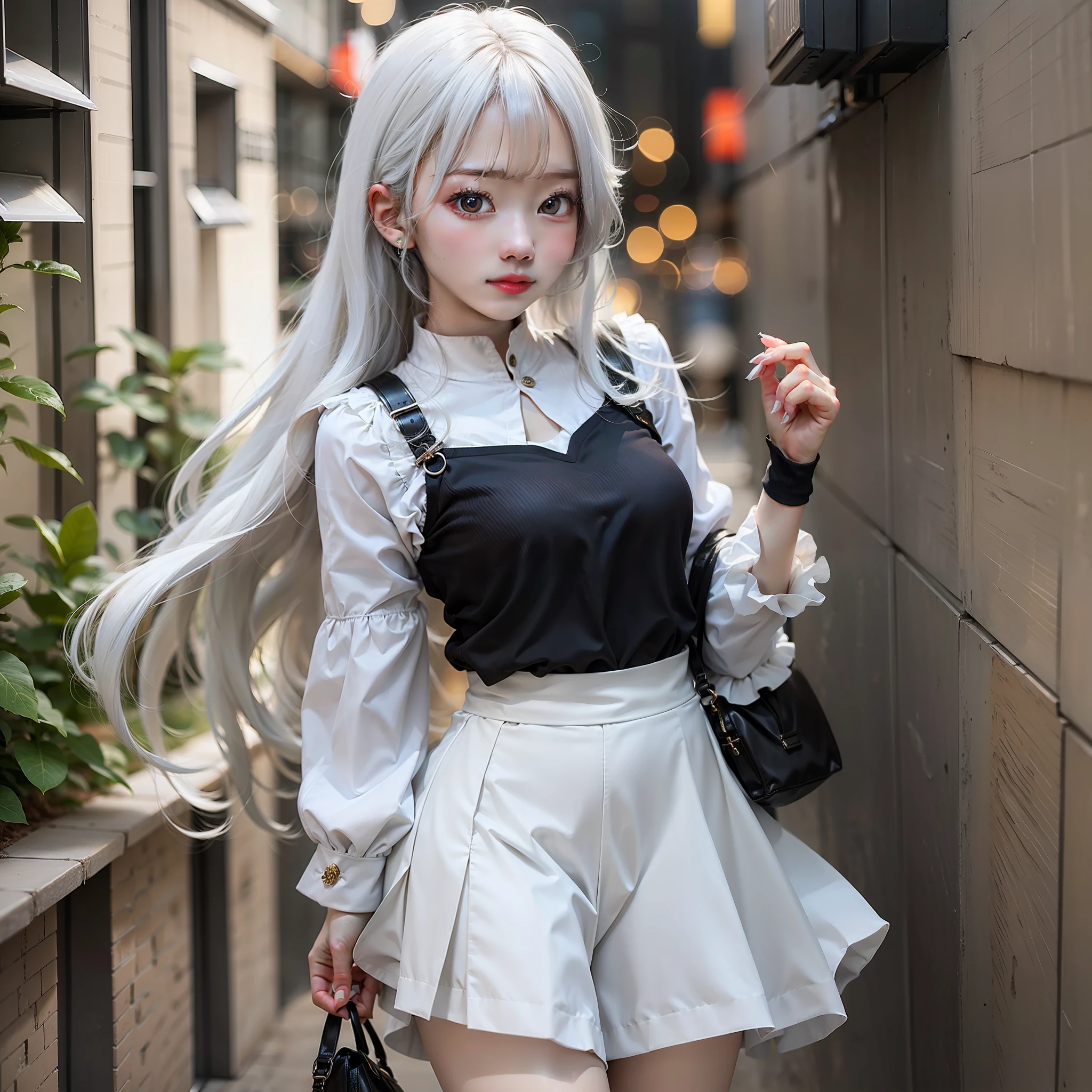 Loli with white hair，wearing a white skirt，