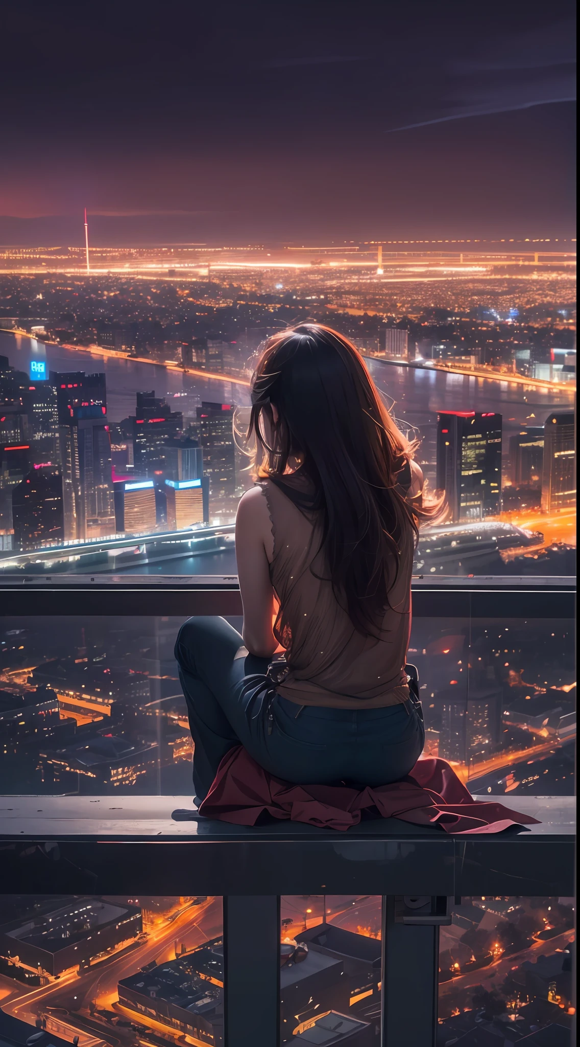 arafed woman sitting on ledge overlooking city lights at night, girl sitting on a rooftop, looking over city, overlooking a modern city, looking at the city, beautiful lonely girl, city lights in the background, girl watching sunset, night lights, lights on, sitting on a skyscraper rooftop, by Niko Henrichon, night - time, night-time