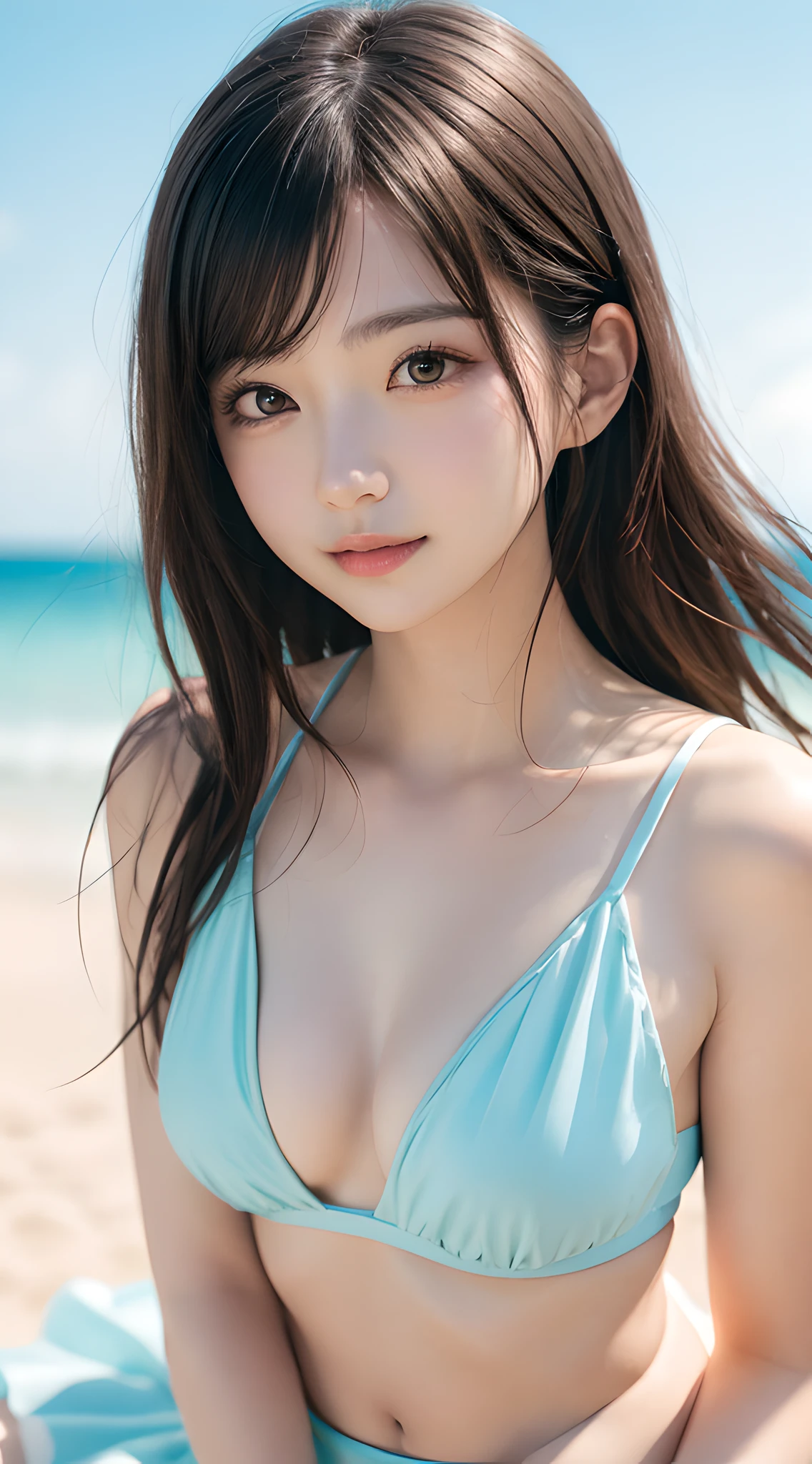 (masterpiece, best quality:1.3), 8k, official art, raw photo, absurdres, delicate girl, (close up, cute face:1.2), white bikini, cinch waist, large breasts, bangs, violaceaess, gardeniass, (solo, beach, horizon, beautiful sea, sky, sunny day:0.8), (simple background:1.4), (bokeh background:1.3), facelight, , looking at viewer, thin arm, film grain, chromatic aberration, sharp focus, dynamic lighting, (detailed face:1.2), (smile:0.3)