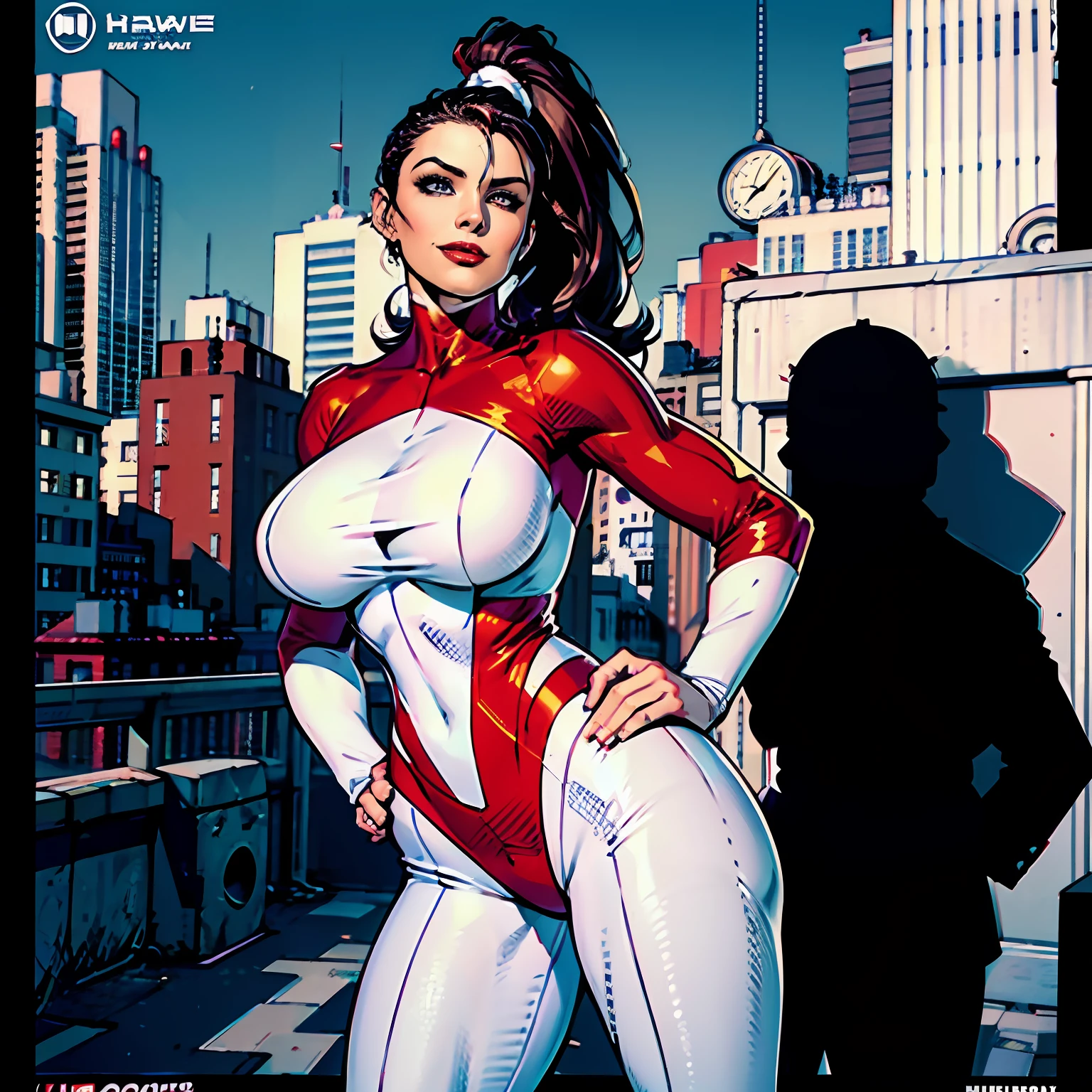 1girl, Stretcher the busty comic book woman, masterpiece, beautiful, high quality, high definition, superb quality, highly detailed, insane detail, sexy pose, posing for cameras, hands on hips, happy, smiling, stretching, hand on hip, long hair, huge ponytail, slim, thin, athletic, womanly, rubbery, elastic woman, (white and red spandex, white and red legs, tight top), rubber body, brunette, ((huge breasts)), city, heroic, cheerful, (bold nose, hawkish facial features), (journalists in background),
