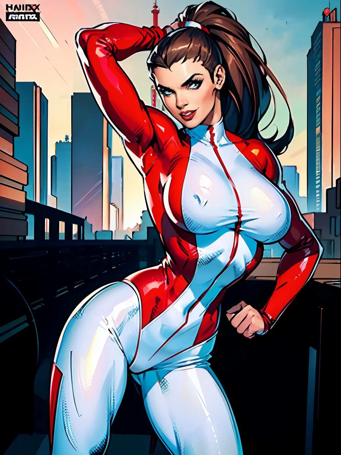 1girl, Stretcher the busty comic book woman, masterpiece, beautiful, high quality, high definition, superb quality, highly detailed, insane detail, sexy pose, posing for cameras, hands on hips, happy, smiling, stretching, hand on hip, long hair, huge ponytail, slim, thin, athletic, womanly, rubbery, elastic woman, (white and red spandex, white and red legs, tight top), rubber body, brunette, ((huge breasts)), city, heroic, cheerful, (bold nose, hawkish facial features),