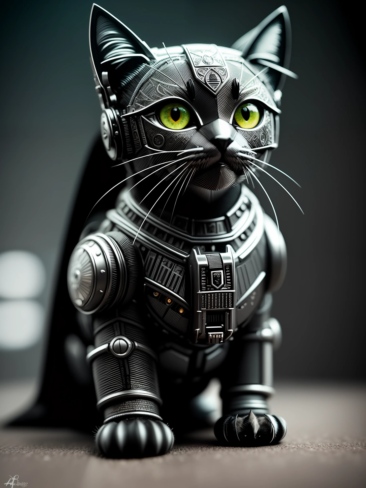 a cute batman kitten made out of metal, (cyborg:1.1), ([tail | detailed wire]:1.3), (intricate details), hdr, (intricate details, hyperdetailed:1.2), cinematic shot, vignette, centered
